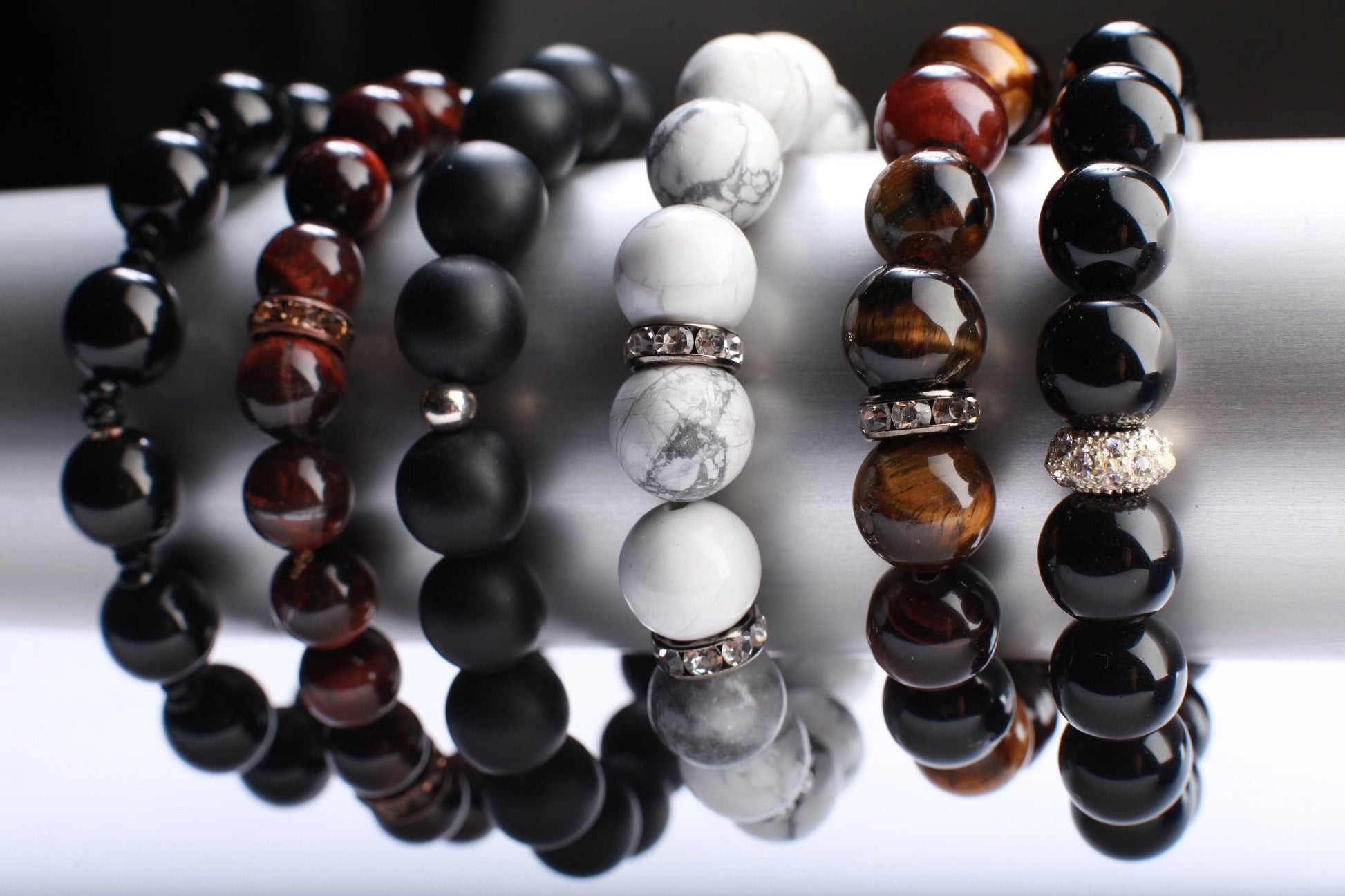 Black Onyx with Rhinestone Natural Gemstone, Healing, Yoga, Crystal Chakra Stretch Bracelet 8"