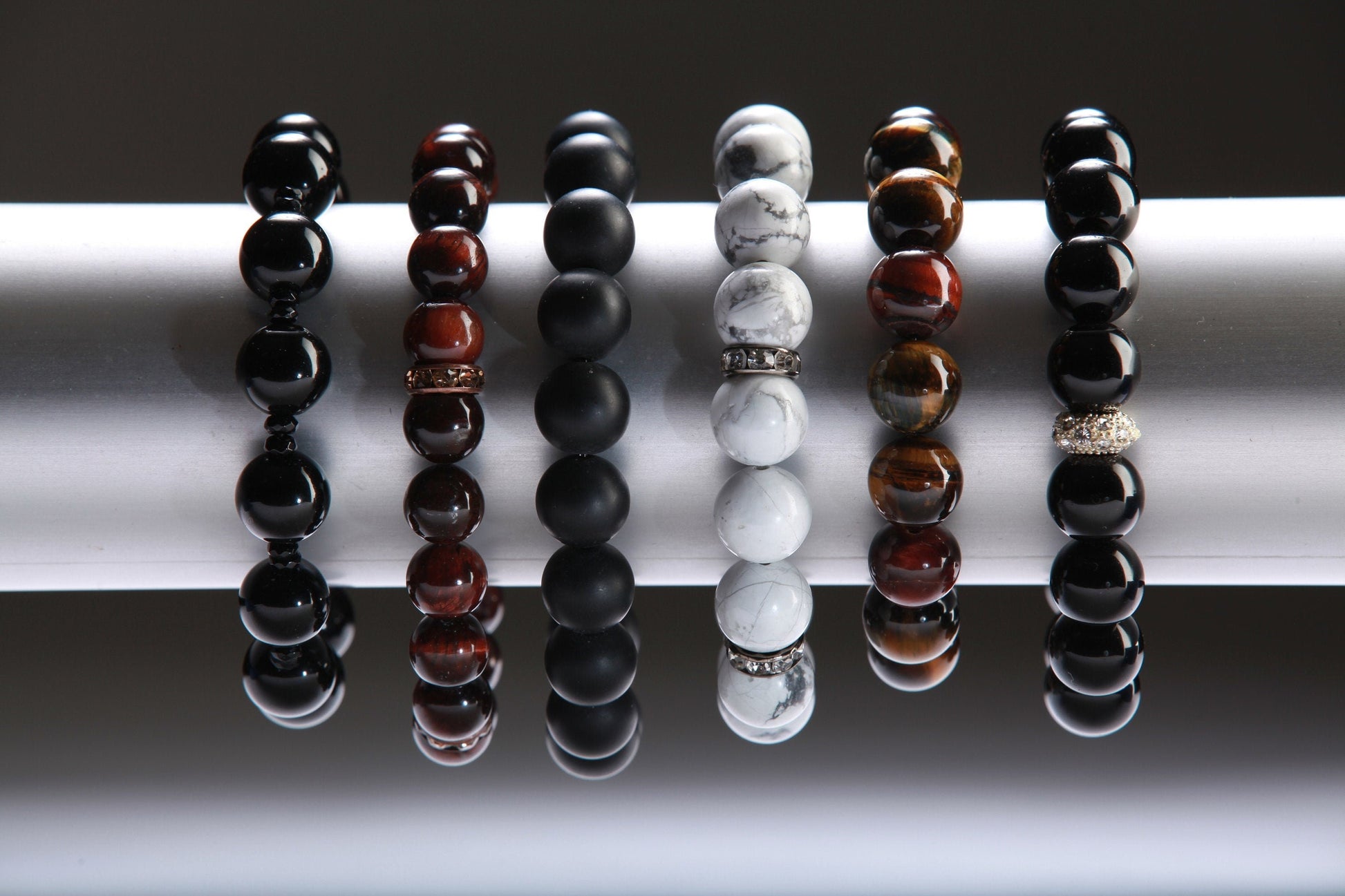 Black Onyx with Rhinestone Natural Gemstone, Healing, Yoga, Crystal Chakra Stretch Bracelet 8"