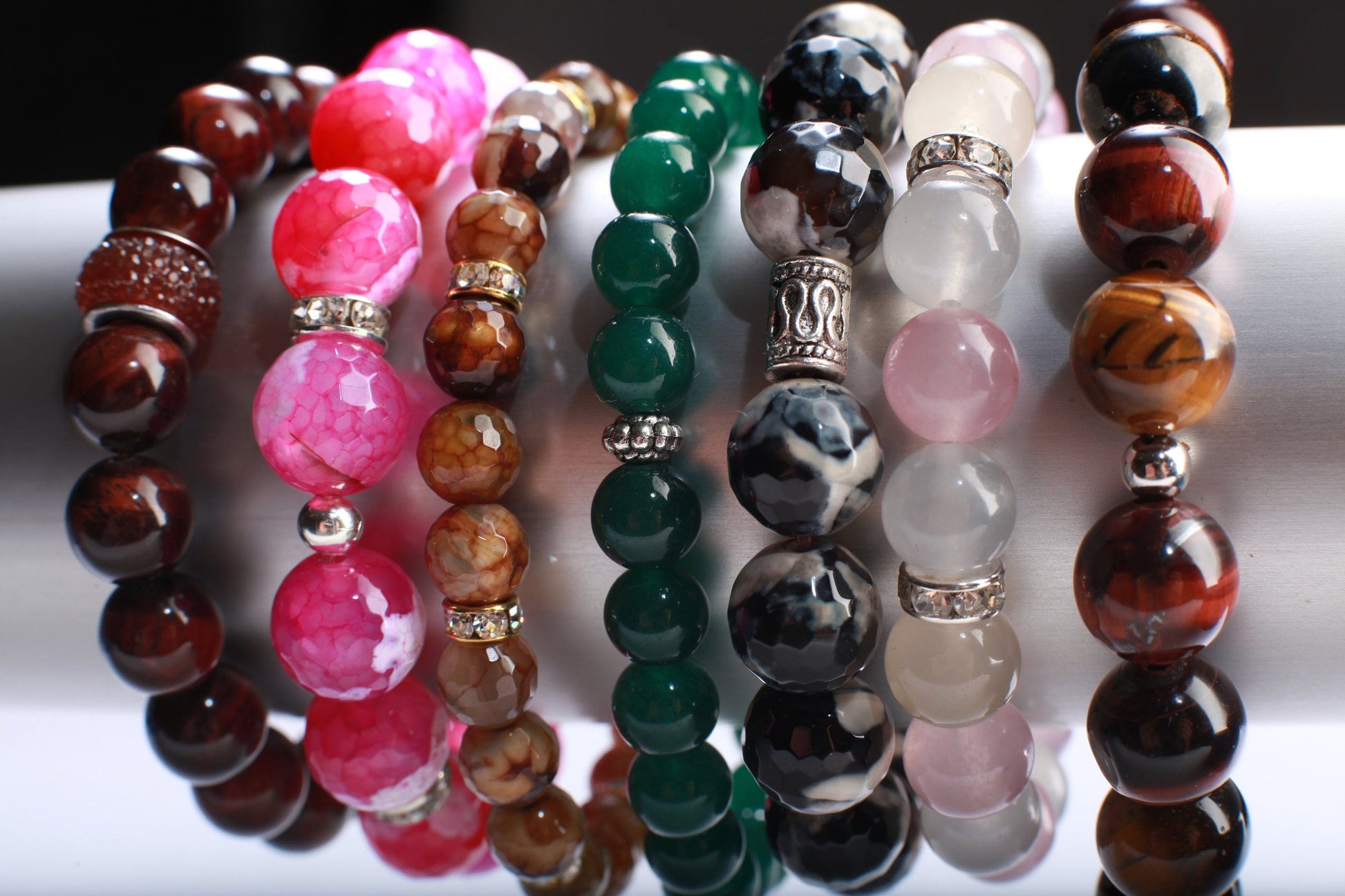 Multi Agate with Rhinestone Natural Gemstone, Crystal Stretchy Bracelet 7"