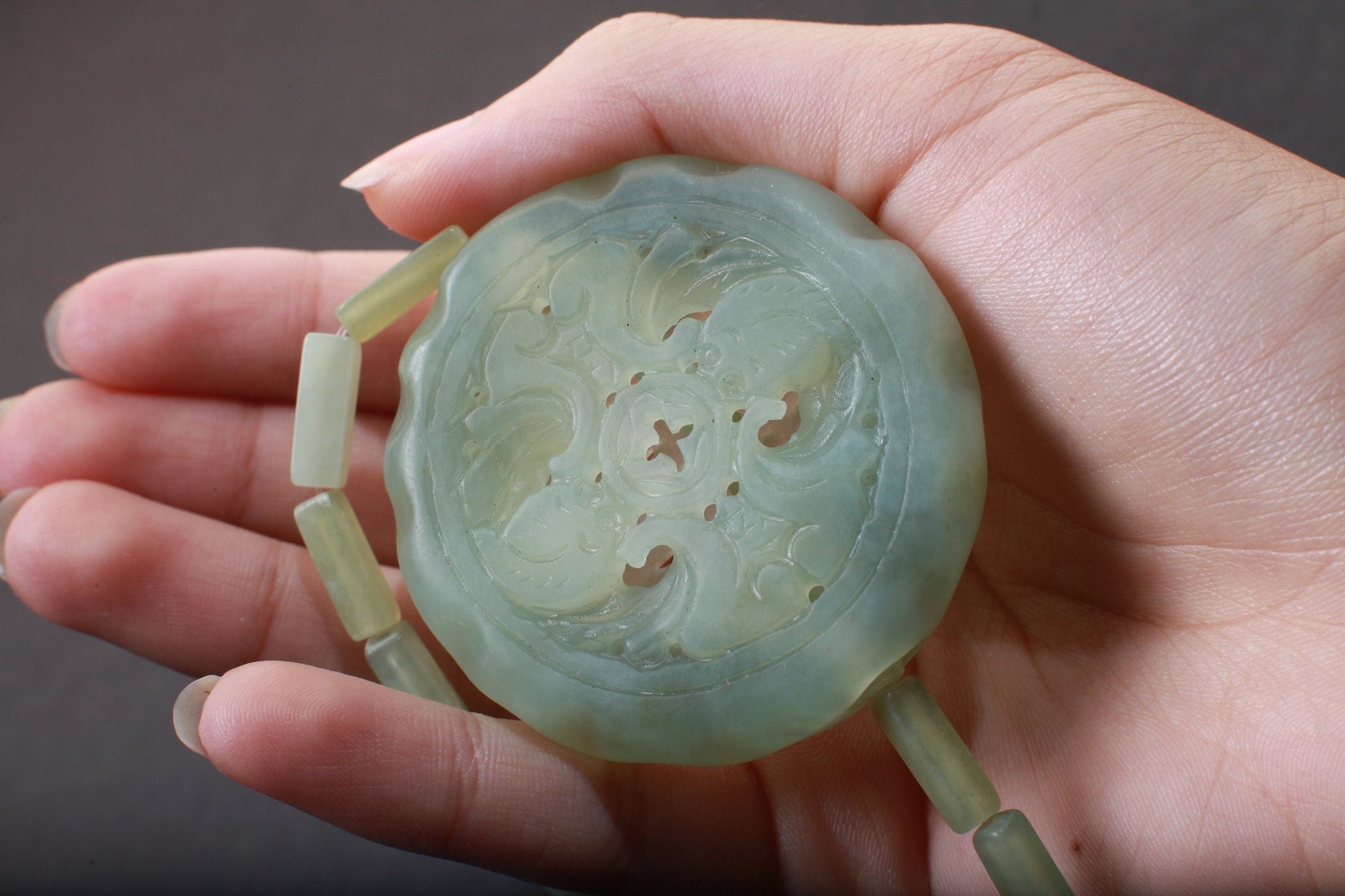 Genuine Nephrite Jade Carved Fortune Koi Fish Pendant, Handcrafted Disc, 4mm Big Hole, Large Hollow Filigree Carved Jade Charm Pendant