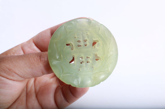Genuine Nephrite Jade Double Sided Carved Long Life Pendant, Handcrafted Disc, 4mm Big Hole, Large Hollow Filigree Carved Jade Charm Pendant