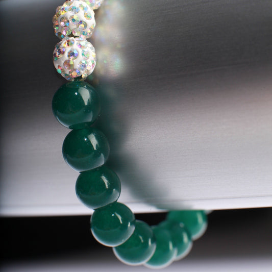 Green Onyx with Rhinestone Natural Gemstone, rhinestone snowball sparkle round spacer Stretchy Bracelet 6"-9.5", post is for green onyx only