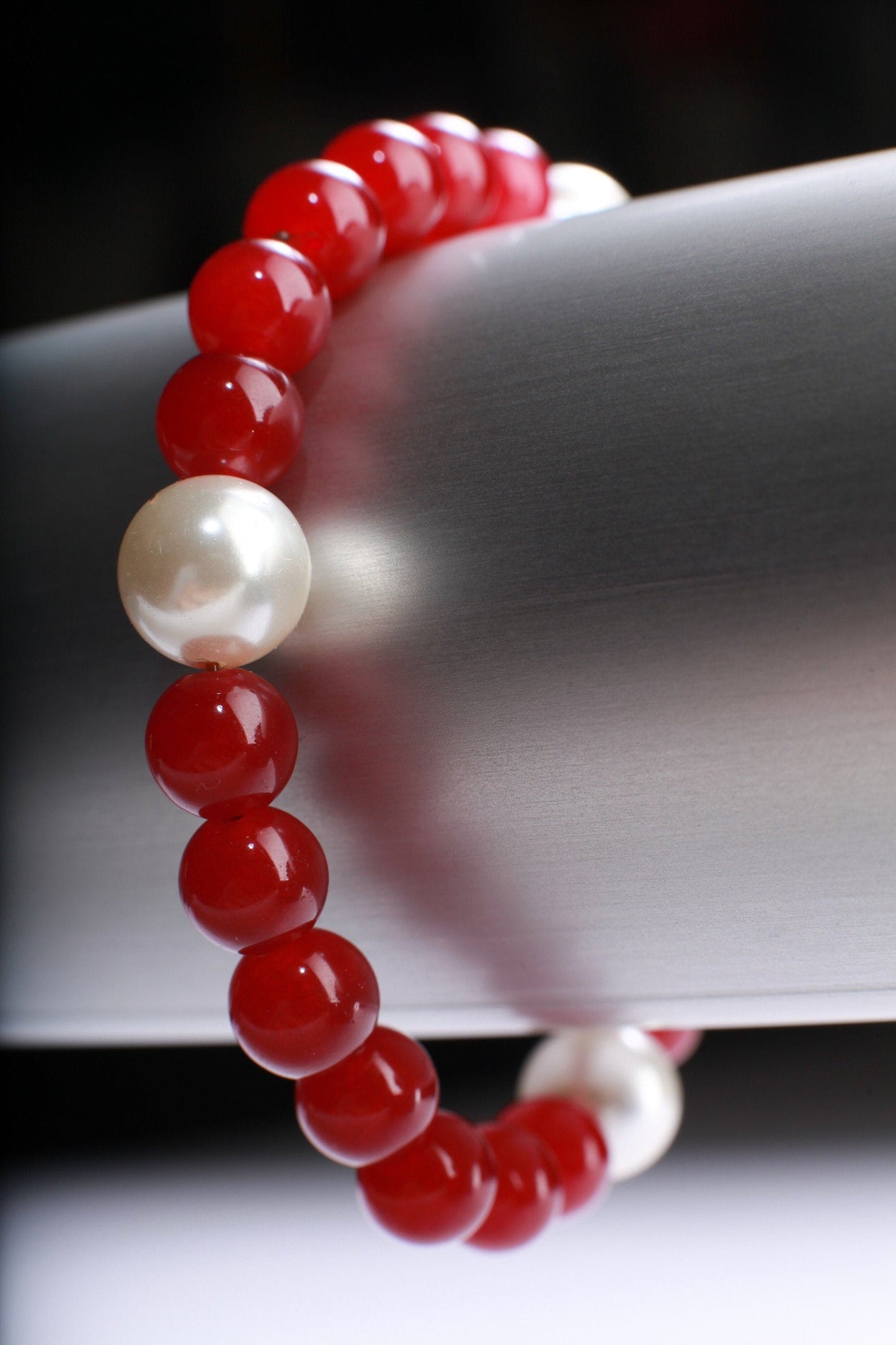 Red Onyx with South Sea Shell Pearl Natural Gemstone, Crystal Stretchy Bracelet 6.5"