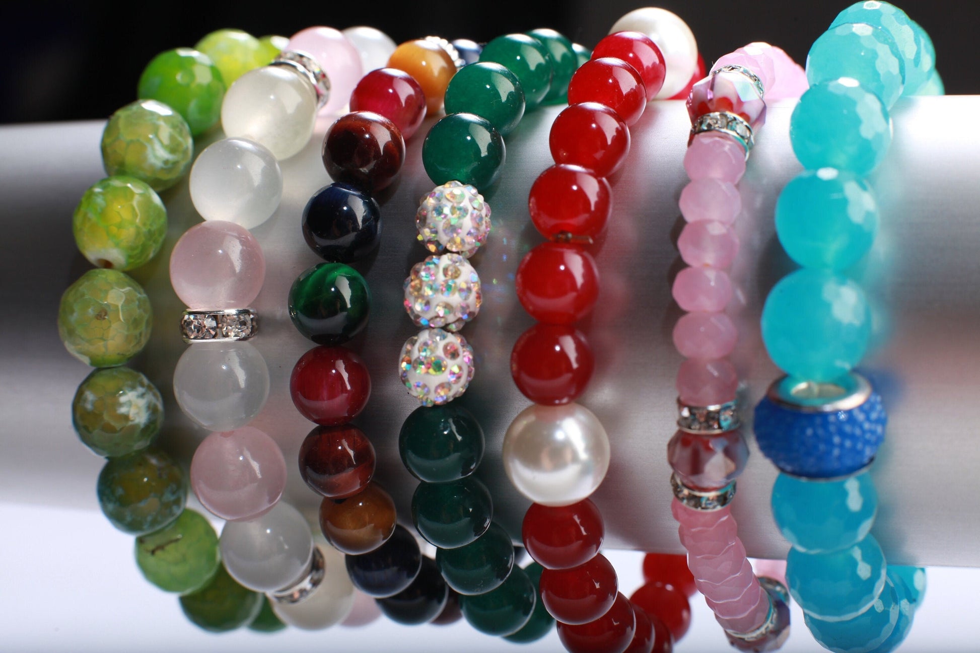 Green Fire Agate with matching 1 piece Rhinestone round Natural Gemstone, Crystal Stretchy Bracelet 6.5&quot;