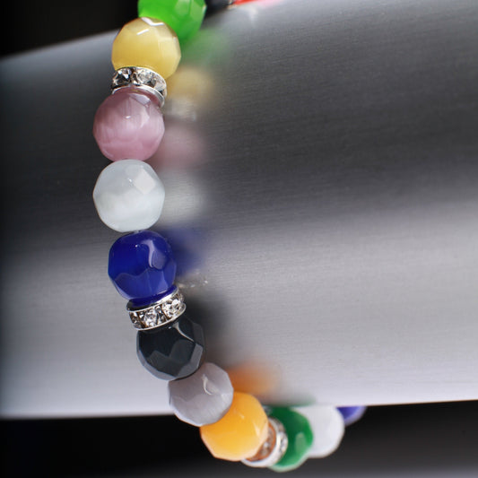 Cat's Eye Rhinestone Natural Gemstone, Crystal Stretchy Bracelet 6"