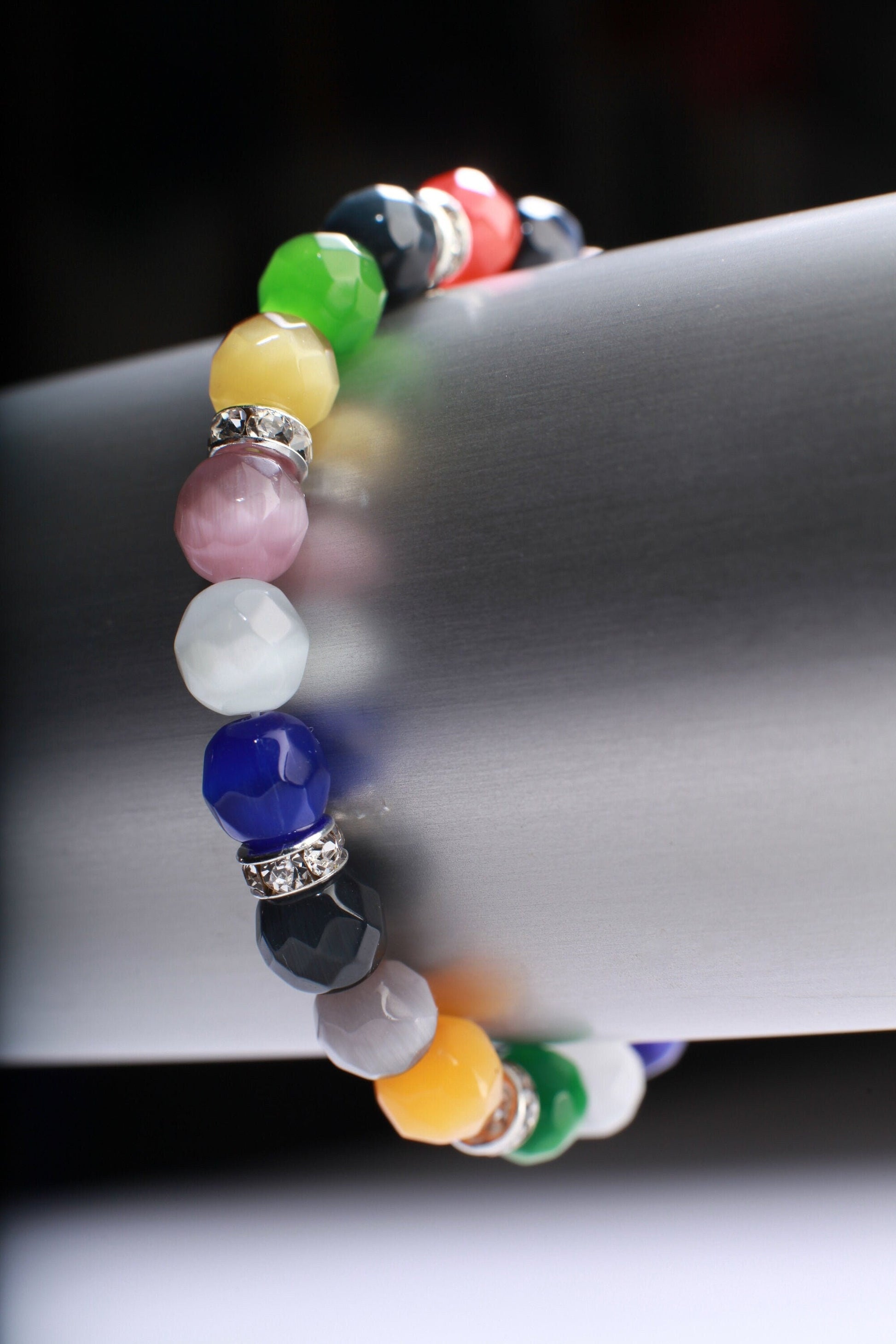 Cat's Eye Rhinestone Natural Gemstone, Crystal Stretchy Bracelet 6"