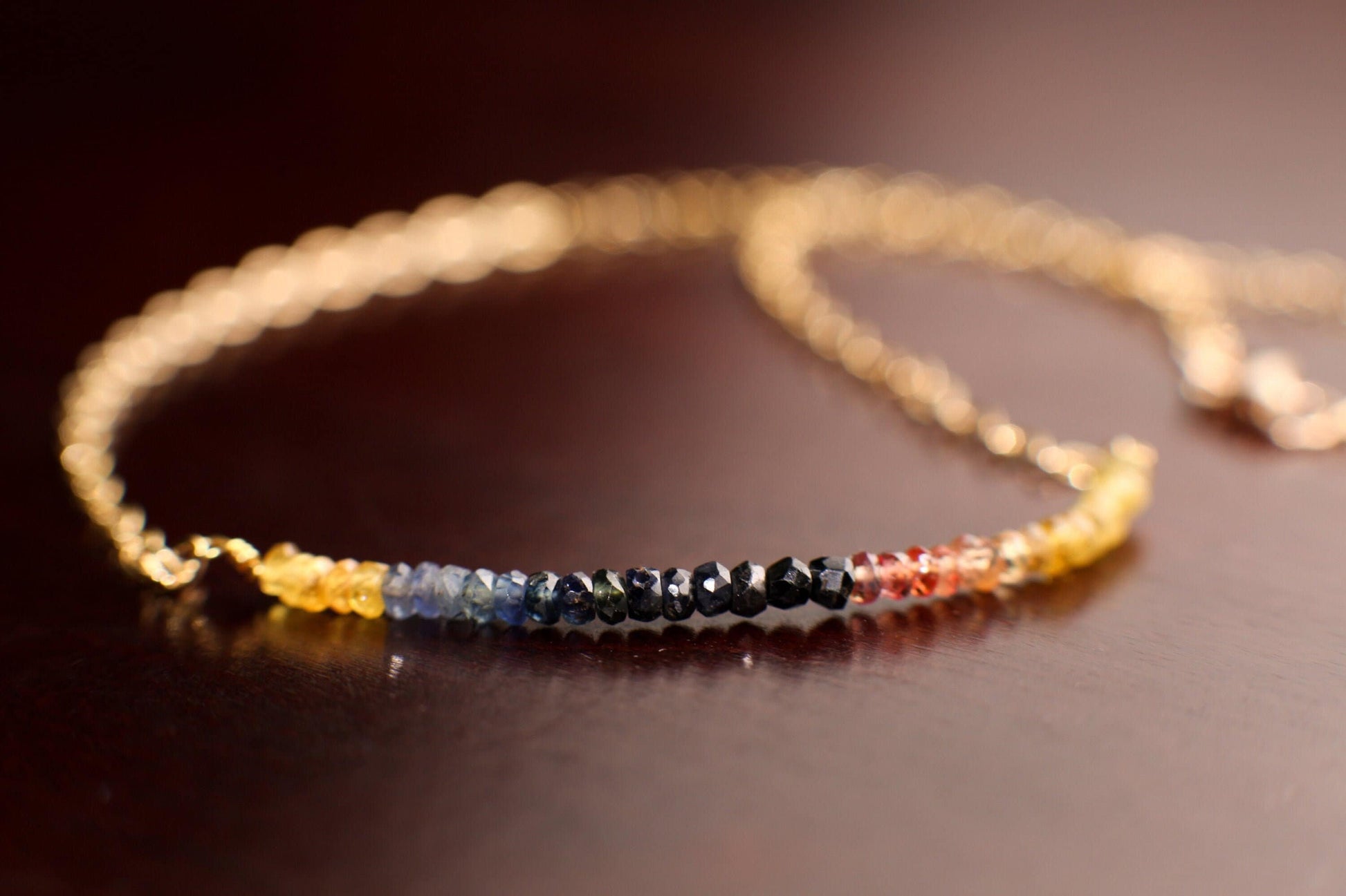 Natural Multi Sunset Sapphire Faceted 3mm Roundel in 14K Gold Filled or 925 Sterling Silver Bar Necklace, Gift For her, September Birthstone