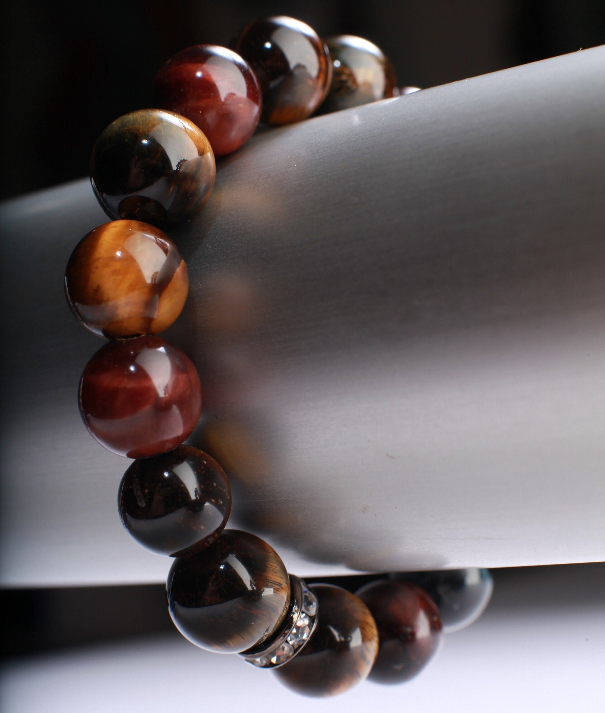 Tri Color Tiger Eye Natural Gemstone, Healing, Yoga, Crystal Chakra Stretch Bracelet 8"