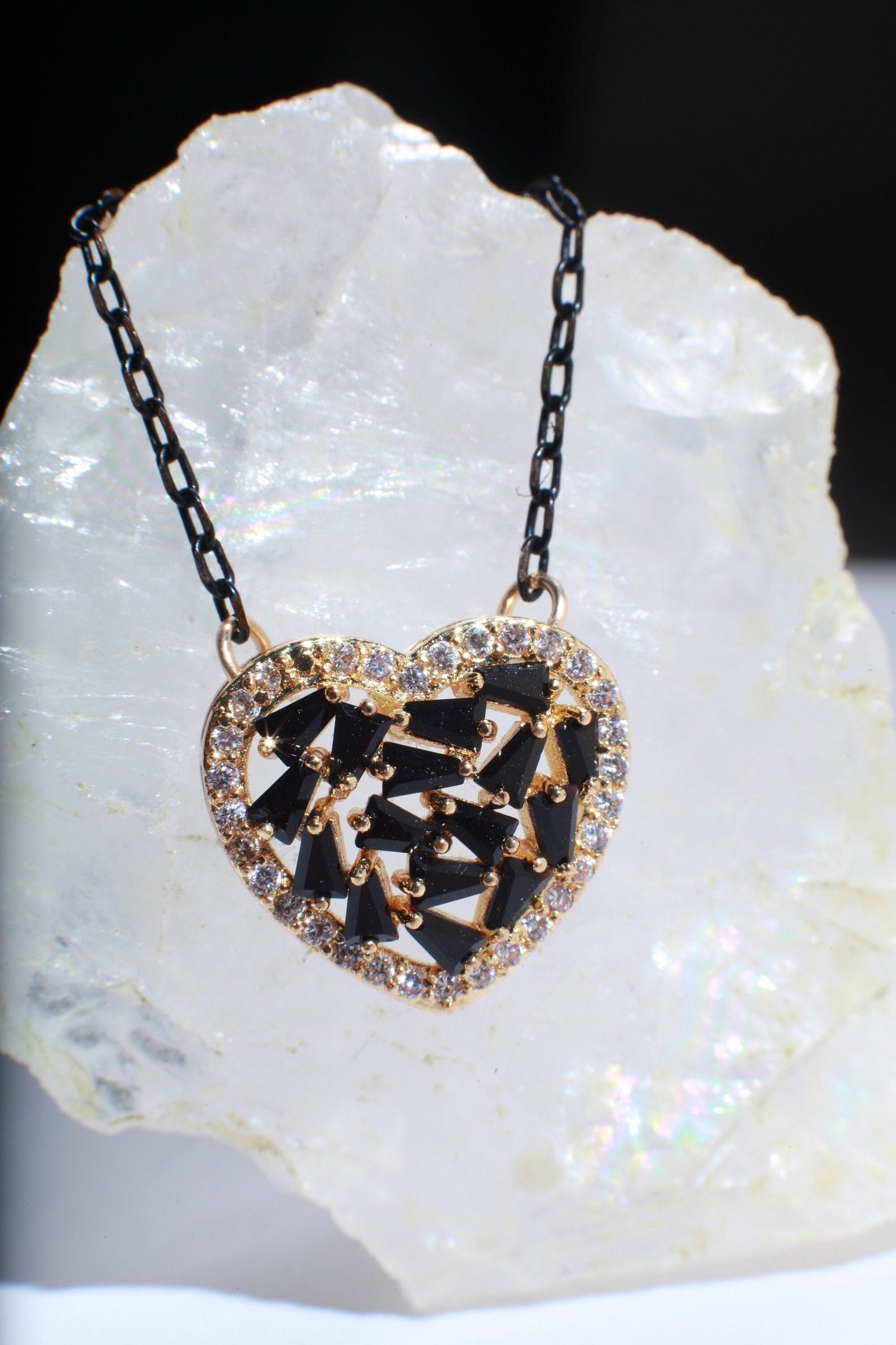 Black Spinel with Cubic Zirconia Micro Pave Heart Charm Pendant with Gold Oxidized Two Tone Necklace Available in 16",18" and 20"
