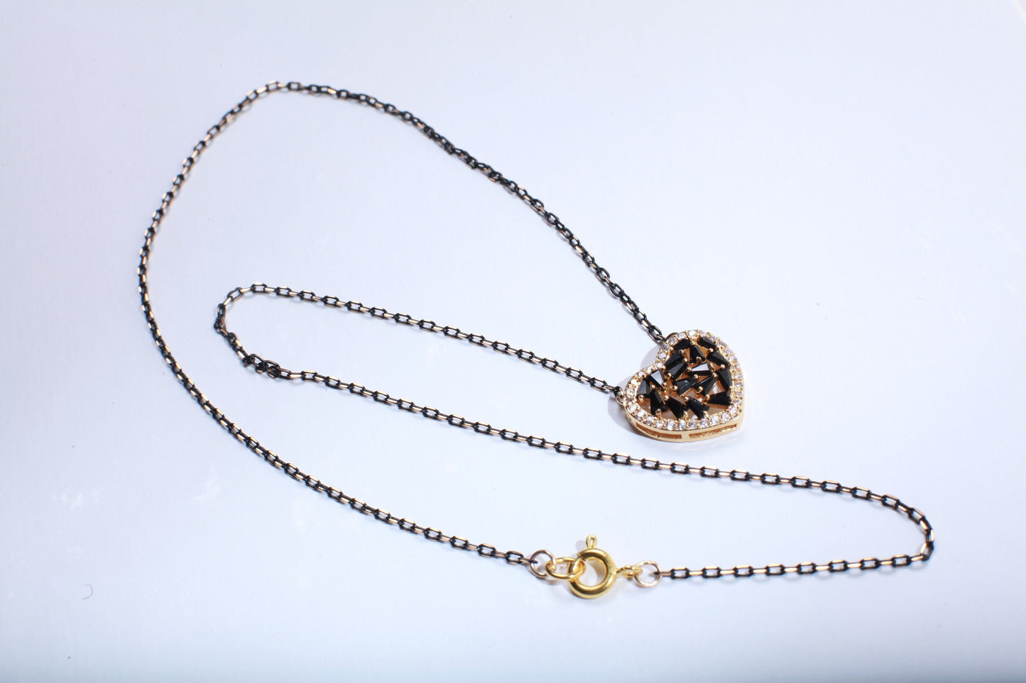 Black Spinel with Cubic Zirconia Micro Pave Heart Charm Pendant with Gold Oxidized Two Tone Necklace Available in 16&quot;,18&quot; and 20&quot;