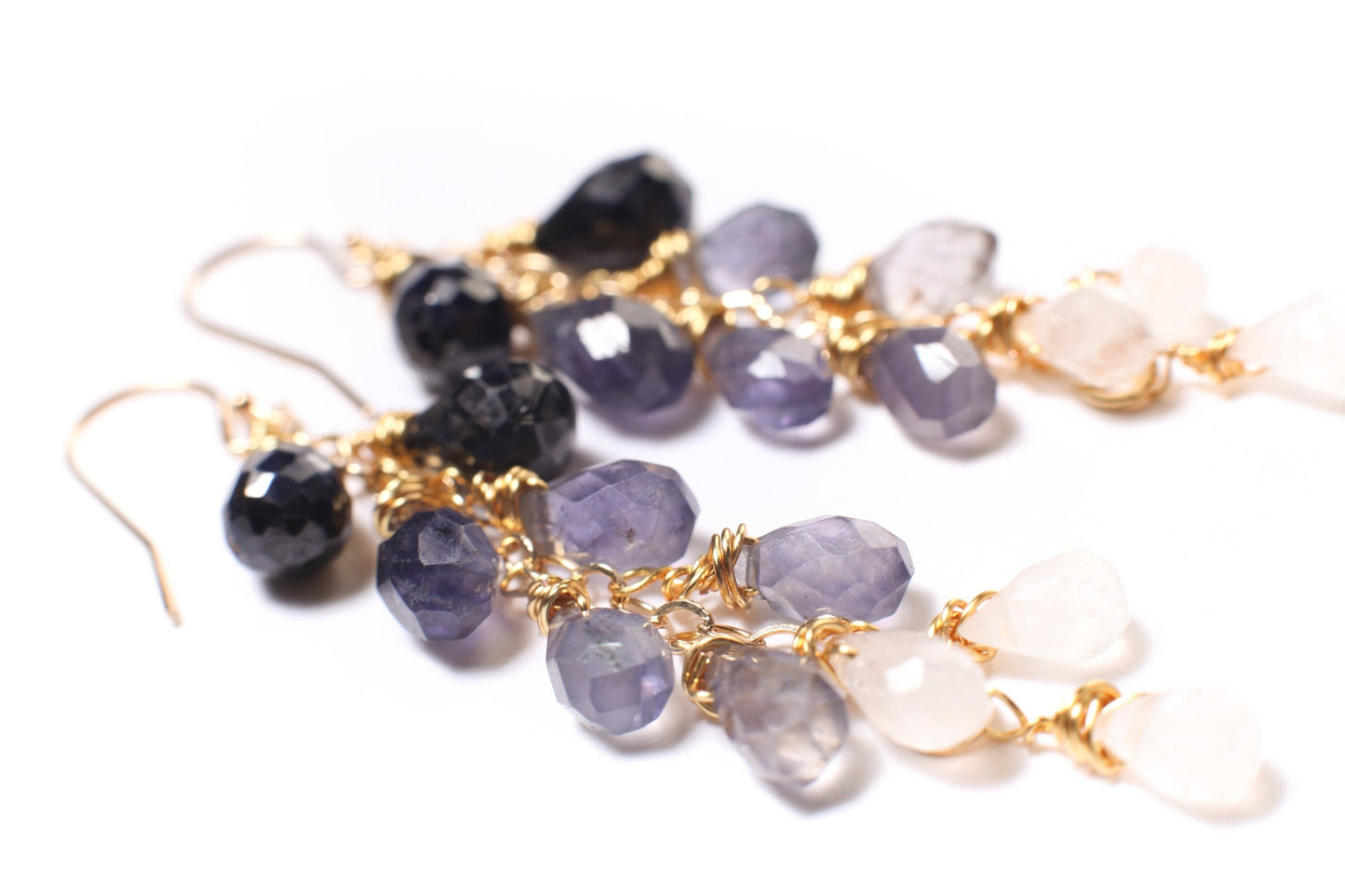 Ombre Blue Sapphire, Iolite, Moonstone Wire Wrapped Dangling Faceted Briolette Drop 5x7-6x9mm Cascade Earrings in 14K Gold Filled Earring