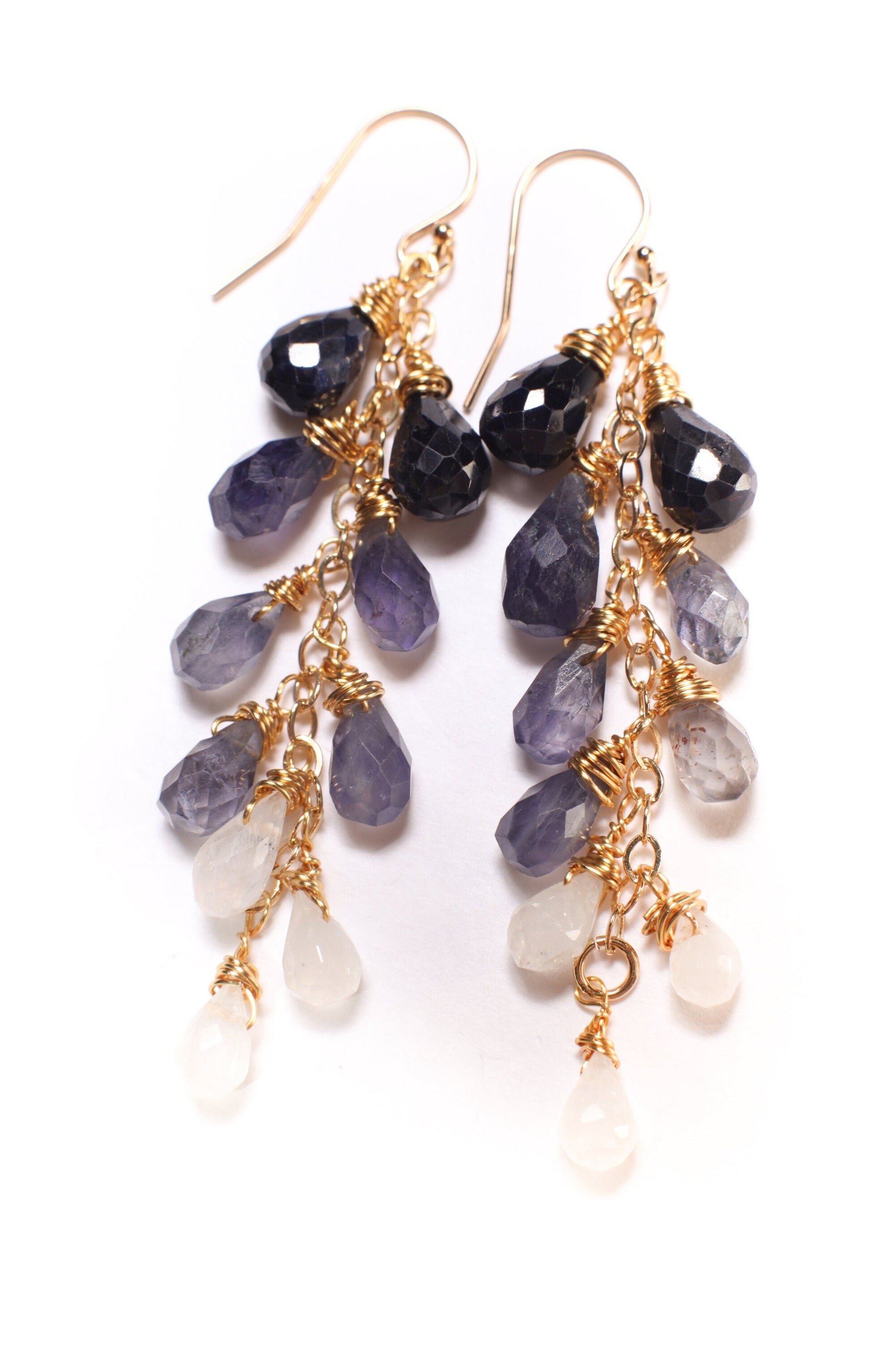 Ombre Blue Sapphire, Iolite, Moonstone Wire Wrapped Dangling Faceted Briolette Drop 5x7-6x9mm Cascade Earrings in 14K Gold Filled Earring