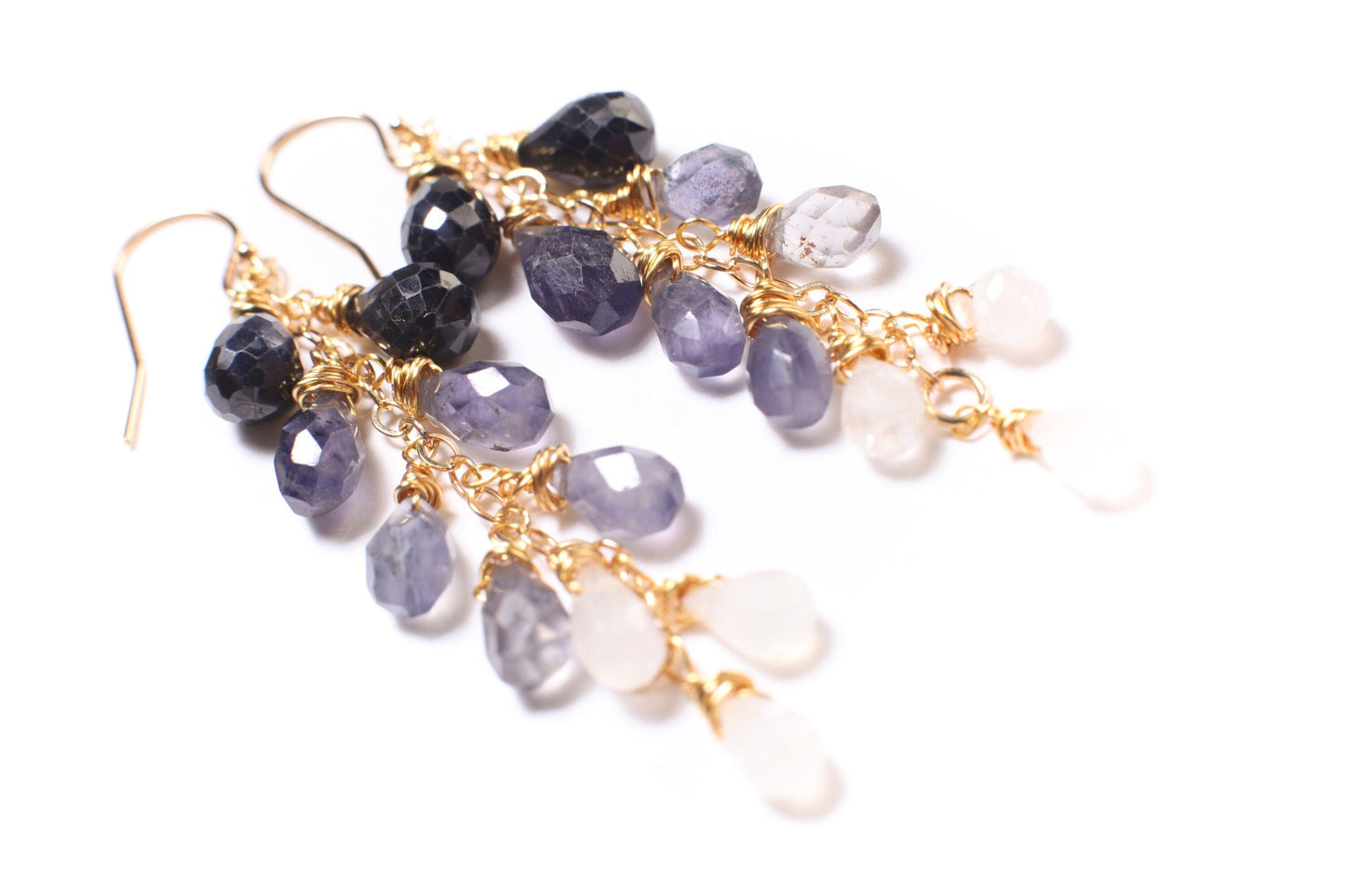 Ombre Blue Sapphire, Iolite, Moonstone Wire Wrapped Dangling Faceted Briolette Drop 5x7-6x9mm Cascade Earrings in 14K Gold Filled Earring