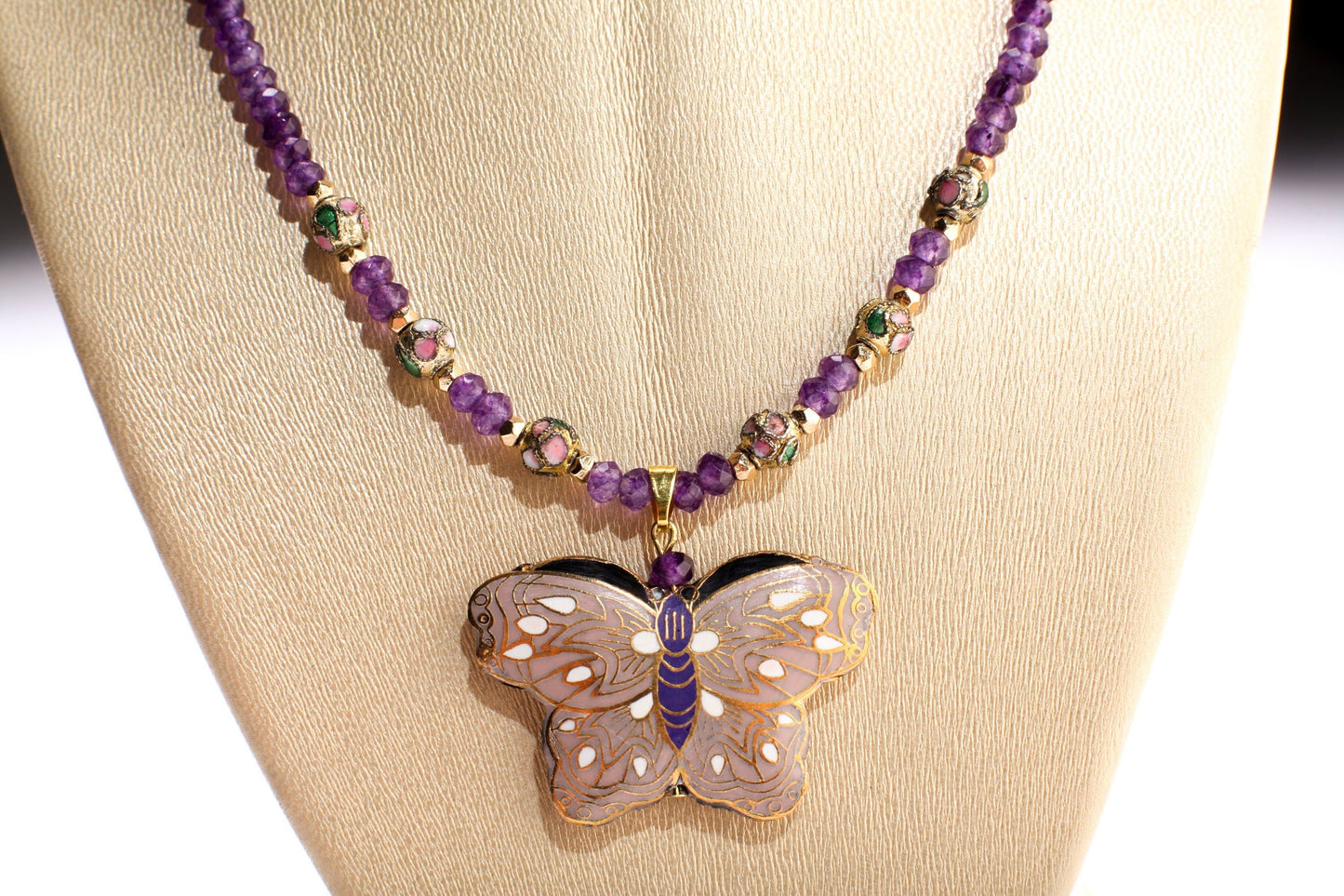 Traditional Cloisonné Pendant Double Sided Vintage Butterfly, Amethyst Faceted Rondelle 4mm, Cloisonne Spacer 19&quot; Necklace with 2&quot;Extension