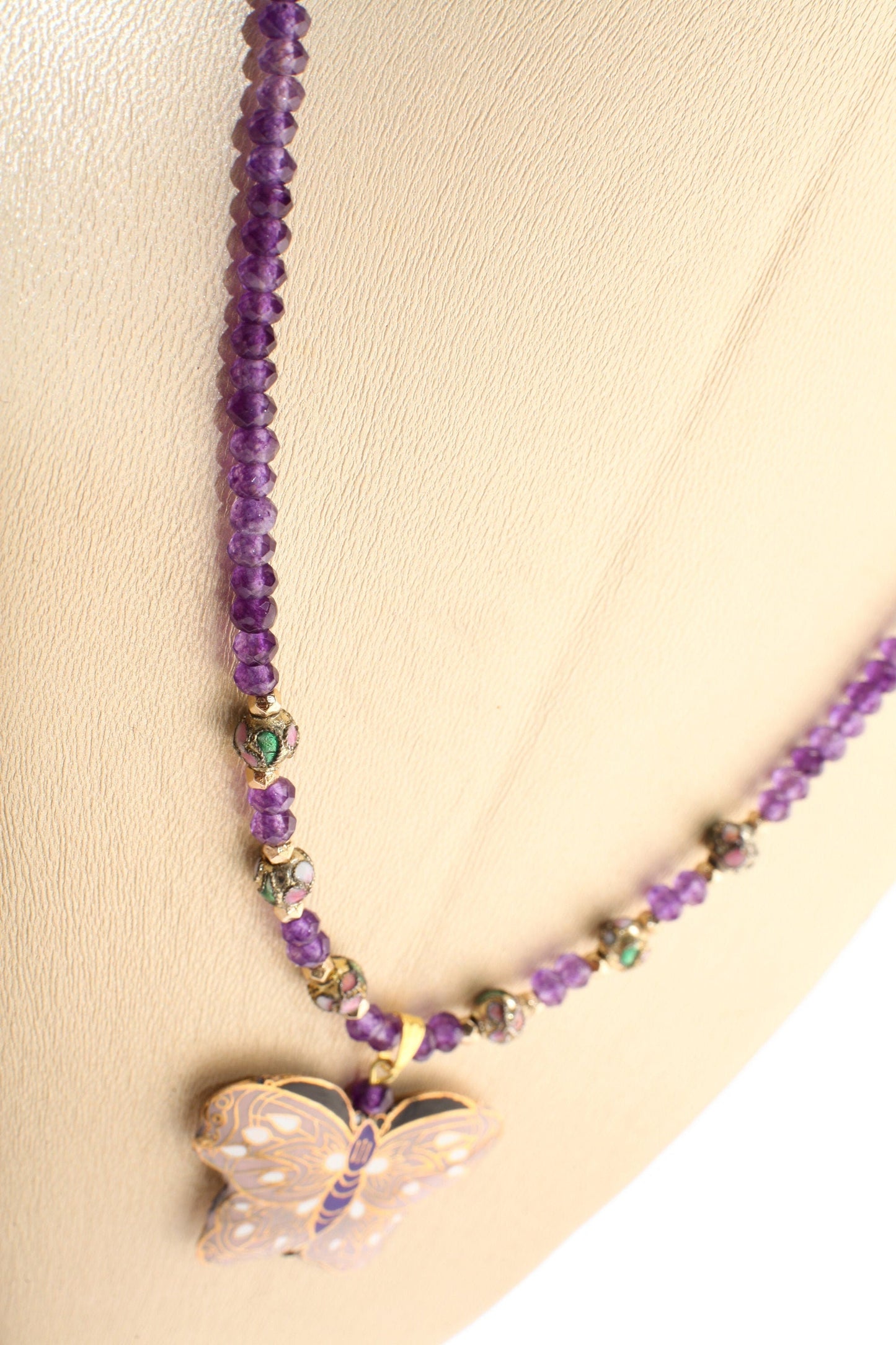 Traditional Cloisonné Pendant Double Sided Vintage Butterfly, Amethyst Faceted Rondelle 4mm, Cloisonne Spacer 19" Necklace with 2"Extension