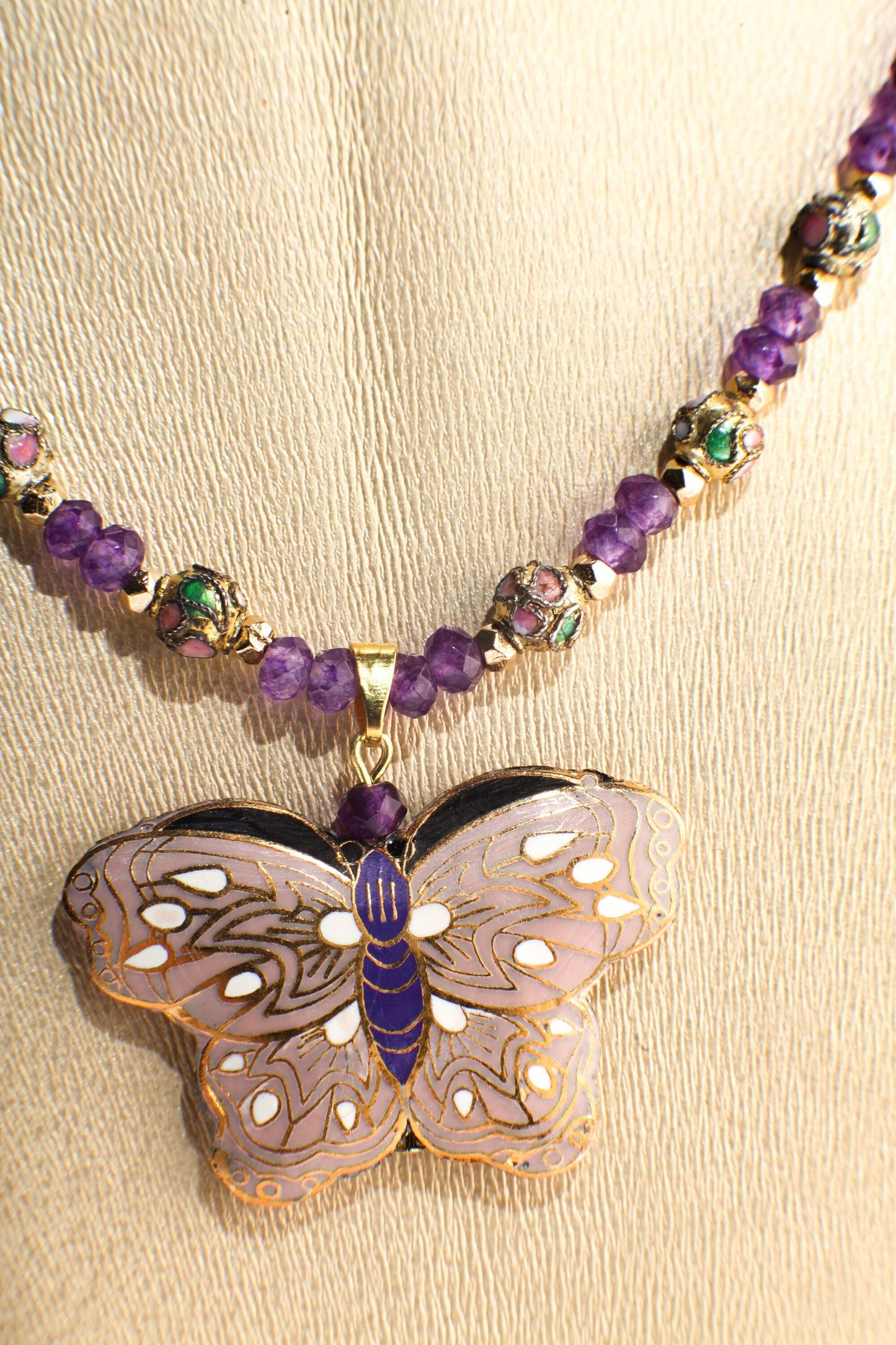 Traditional Cloisonné Pendant Double Sided Vintage Butterfly, Amethyst Faceted Rondelle 4mm, Cloisonne Spacer 19&quot; Necklace with 2&quot;Extension