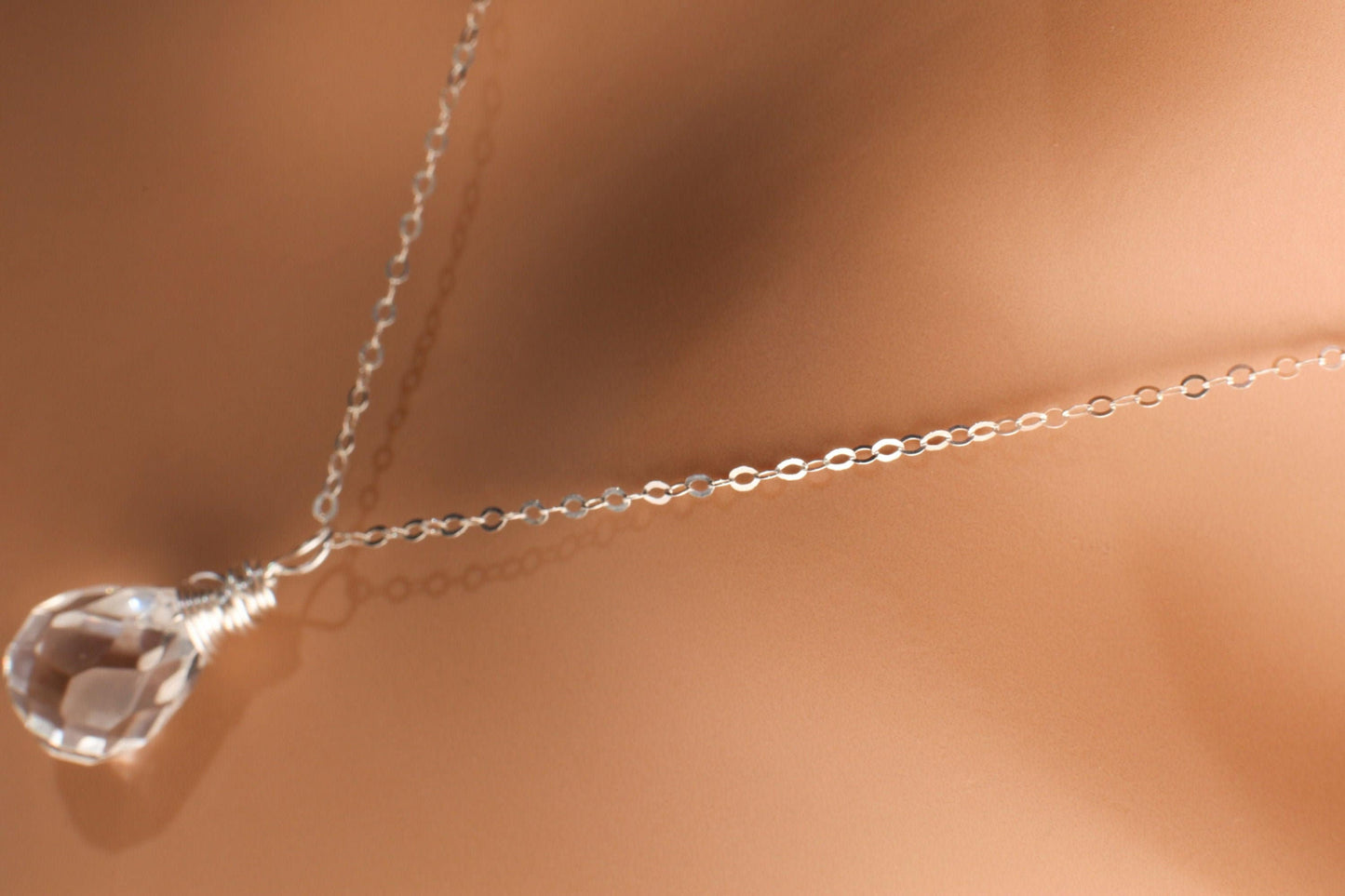Natural Rock Crystal,Clear Quartz 12x17mm Faceted Briolette Drop Wire Wrapped Gemstone Pendant in 925 Sterling Silver Chain, necklace.