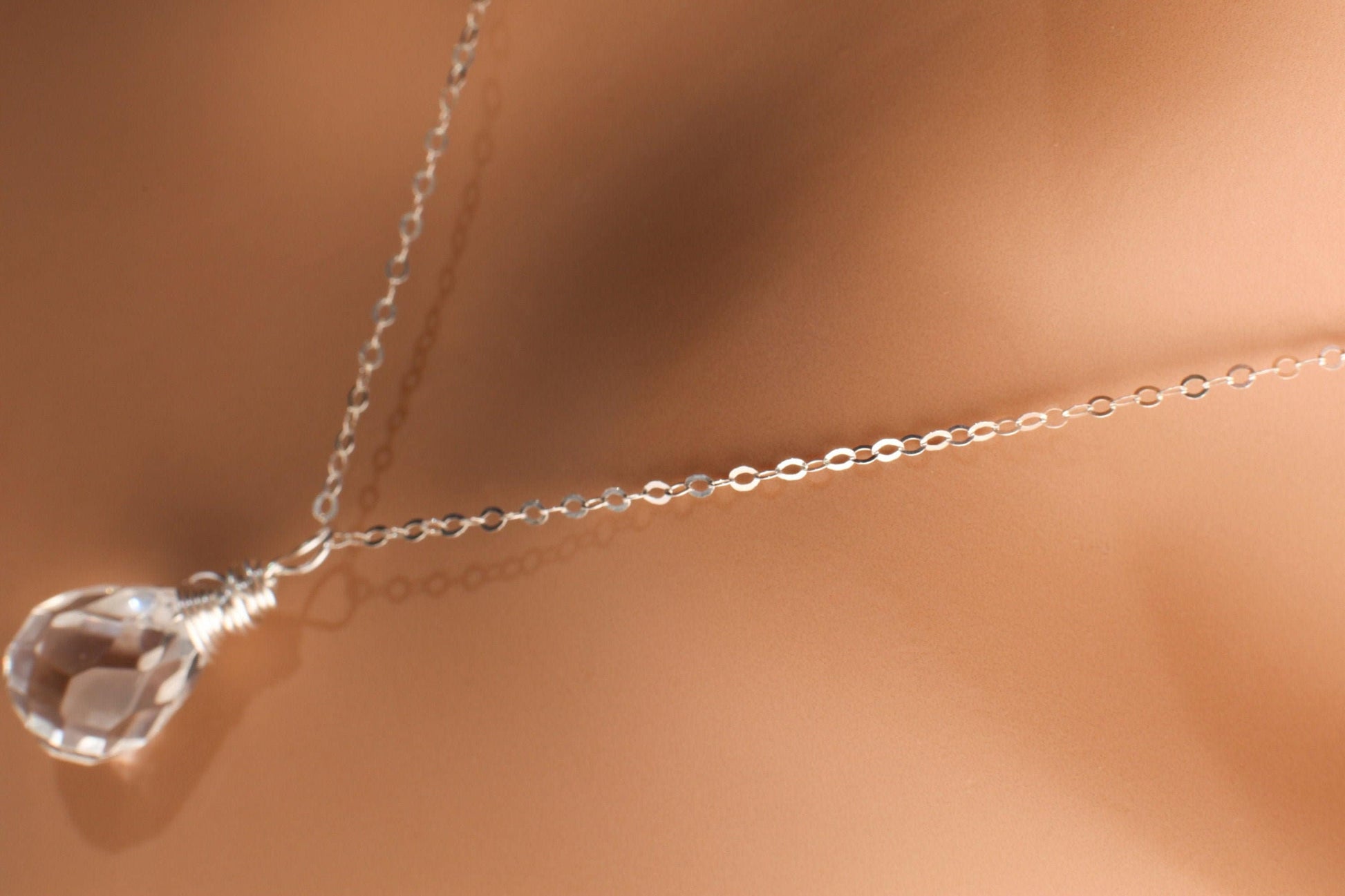 Natural Rock Crystal,Clear Quartz 12x17mm Faceted Briolette Drop Wire Wrapped Gemstone Pendant in 925 Sterling Silver Chain, necklace.