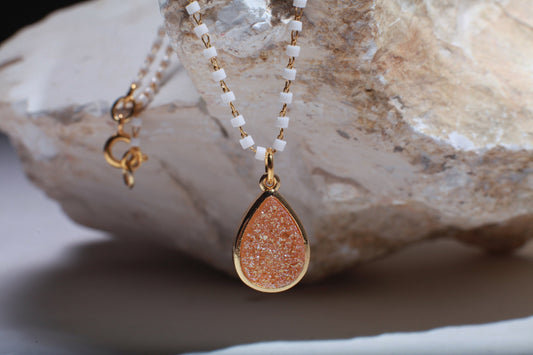 Genuine Druzy Agate Geode Gemstone Gold Pendant with Beaded Chain Necklace Available in 16", 18" and 20"