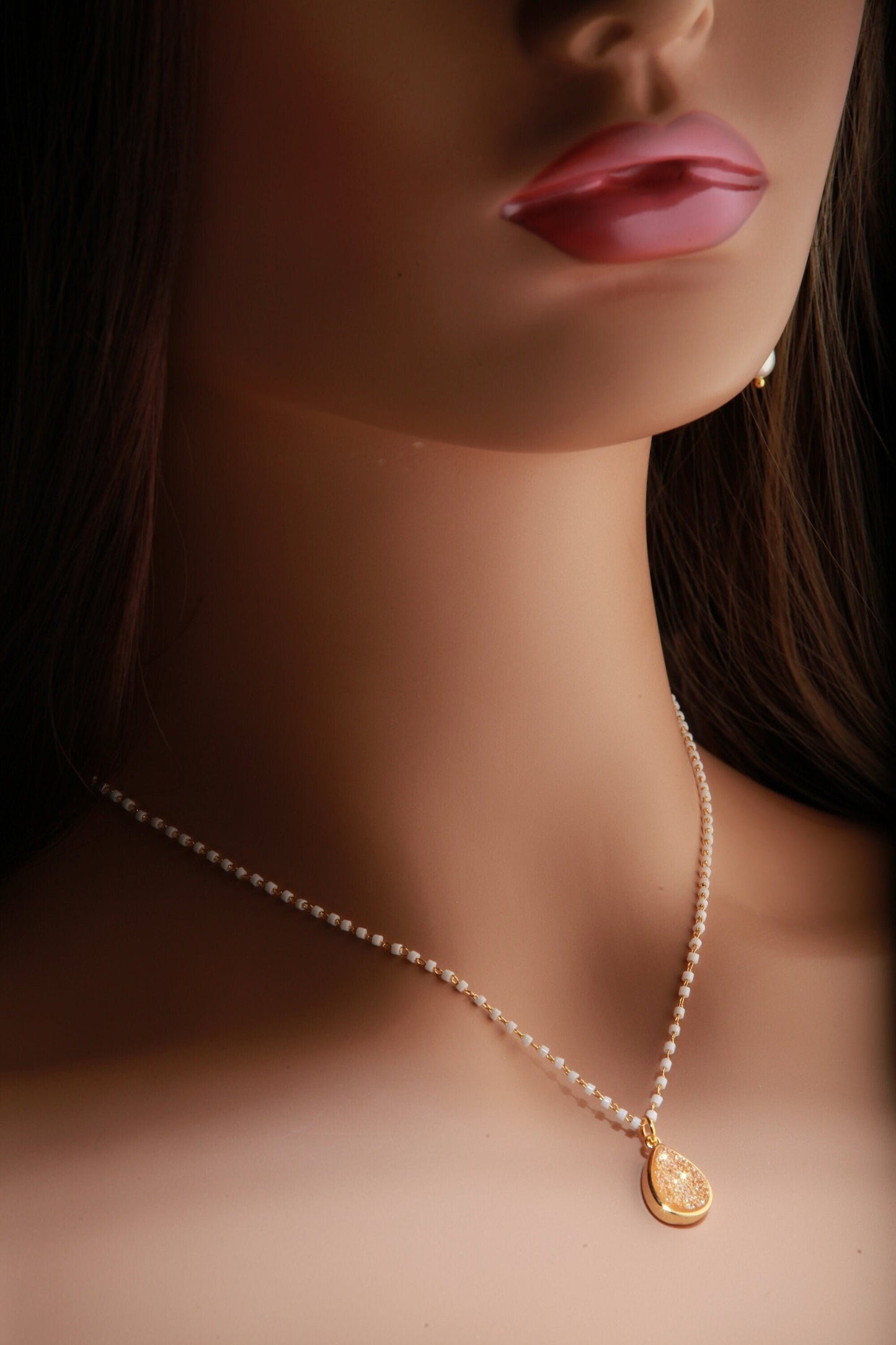 Genuine Druzy Agate Geode Gemstone Gold Pendant with Beaded Chain Necklace Available in 16", 18" and 20"