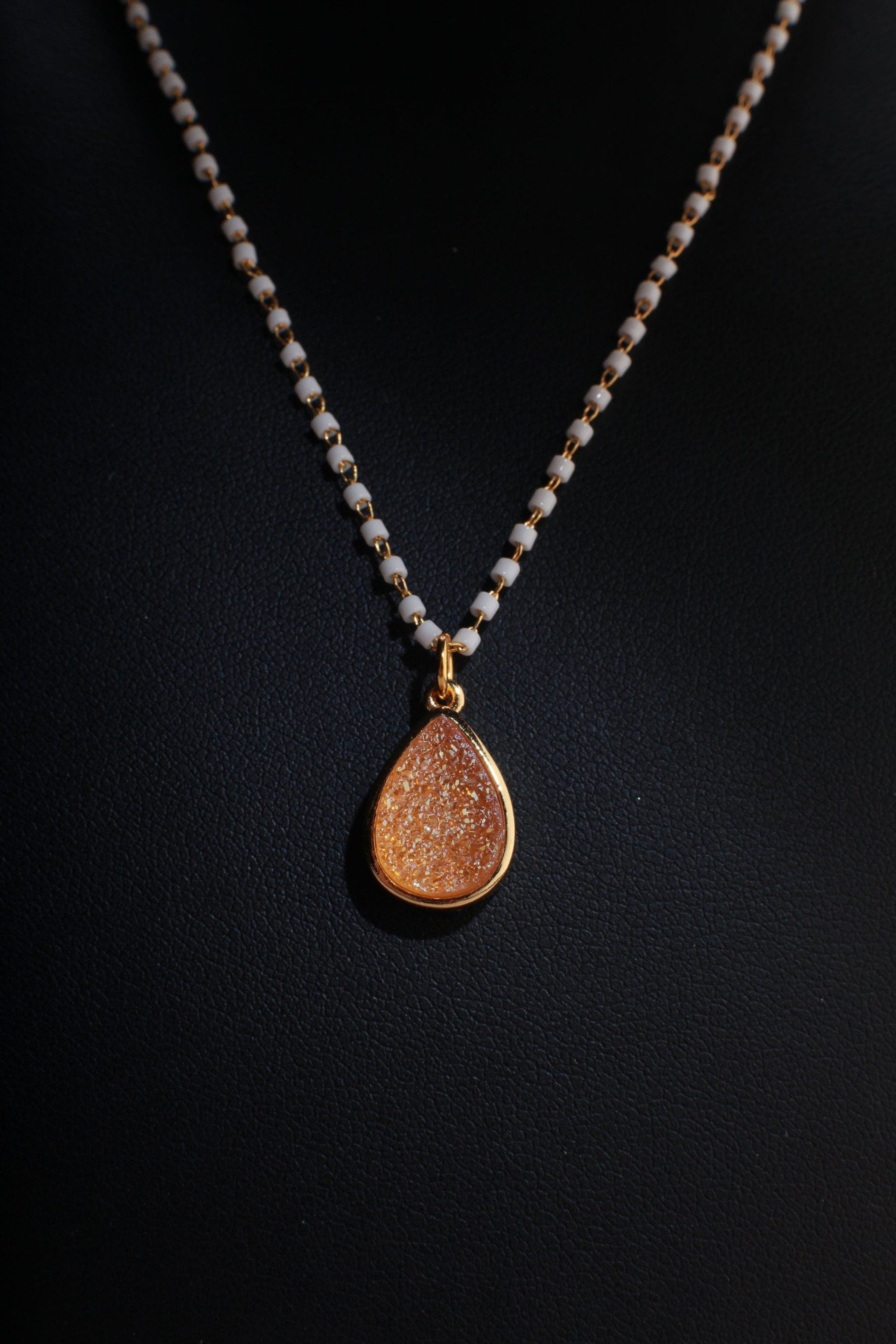 Genuine Druzy Agate Geode Gemstone Gold Pendant with Beaded Chain Necklace Available in 16&quot;, 18&quot; and 20&quot;