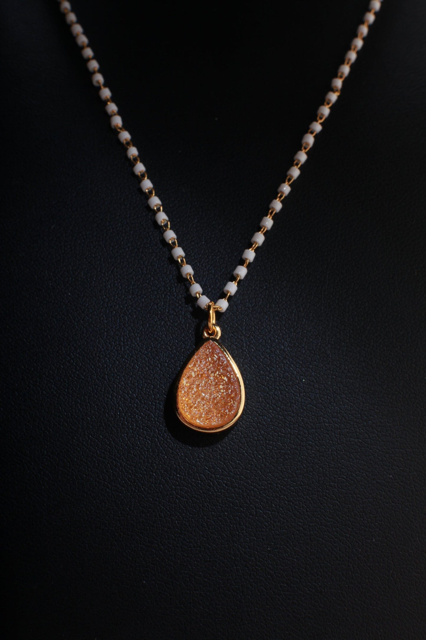 Genuine Druzy Agate Geode Gemstone Gold Pendant with Beaded Chain Necklace Available in 16", 18" and 20"