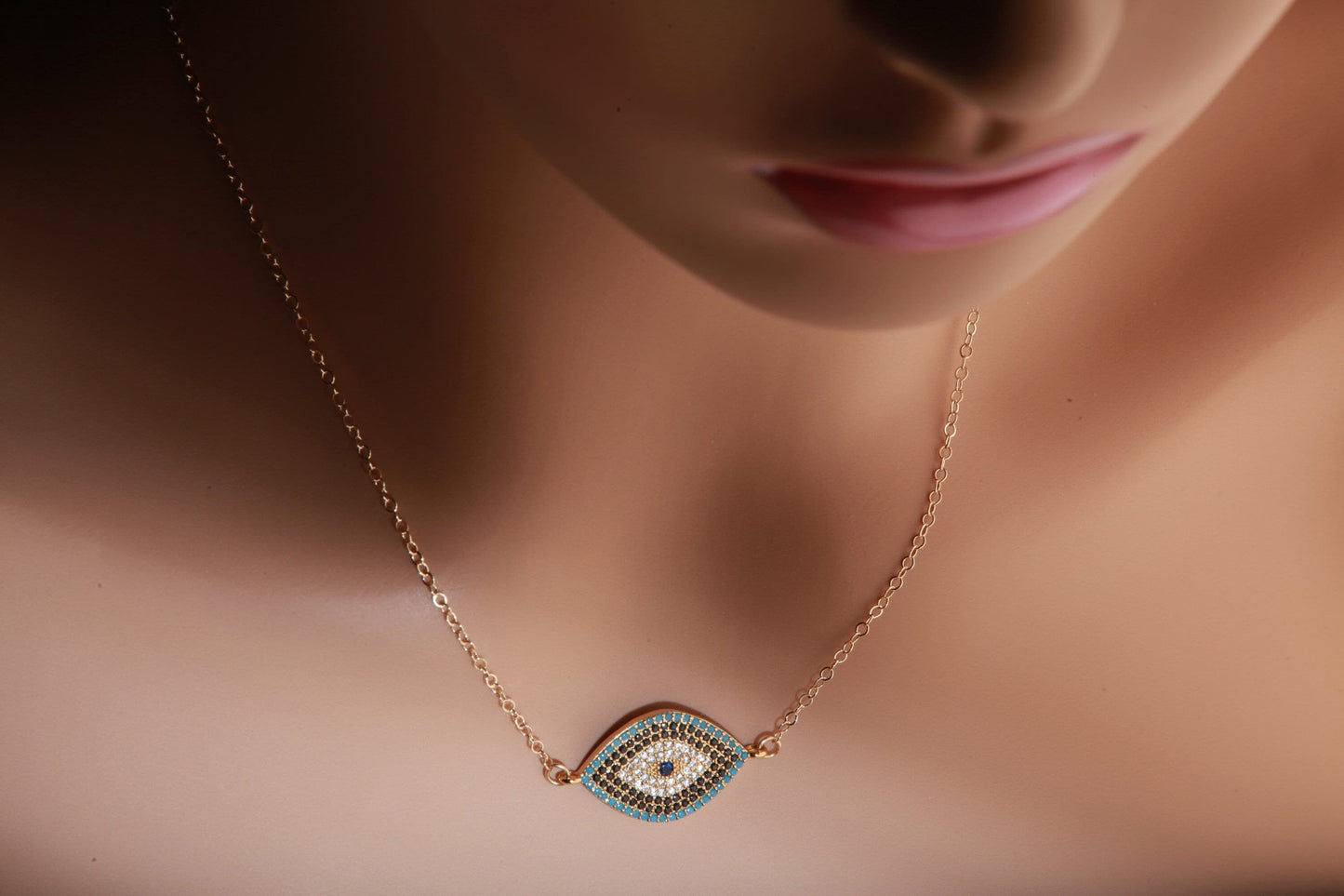 Cubic Zirconia Micro Pave Diamond Style Evil Eye Pendant with 14K Gold Filled Necklace, 3 Choice of Colors in 16",18",20", 22" and 24"