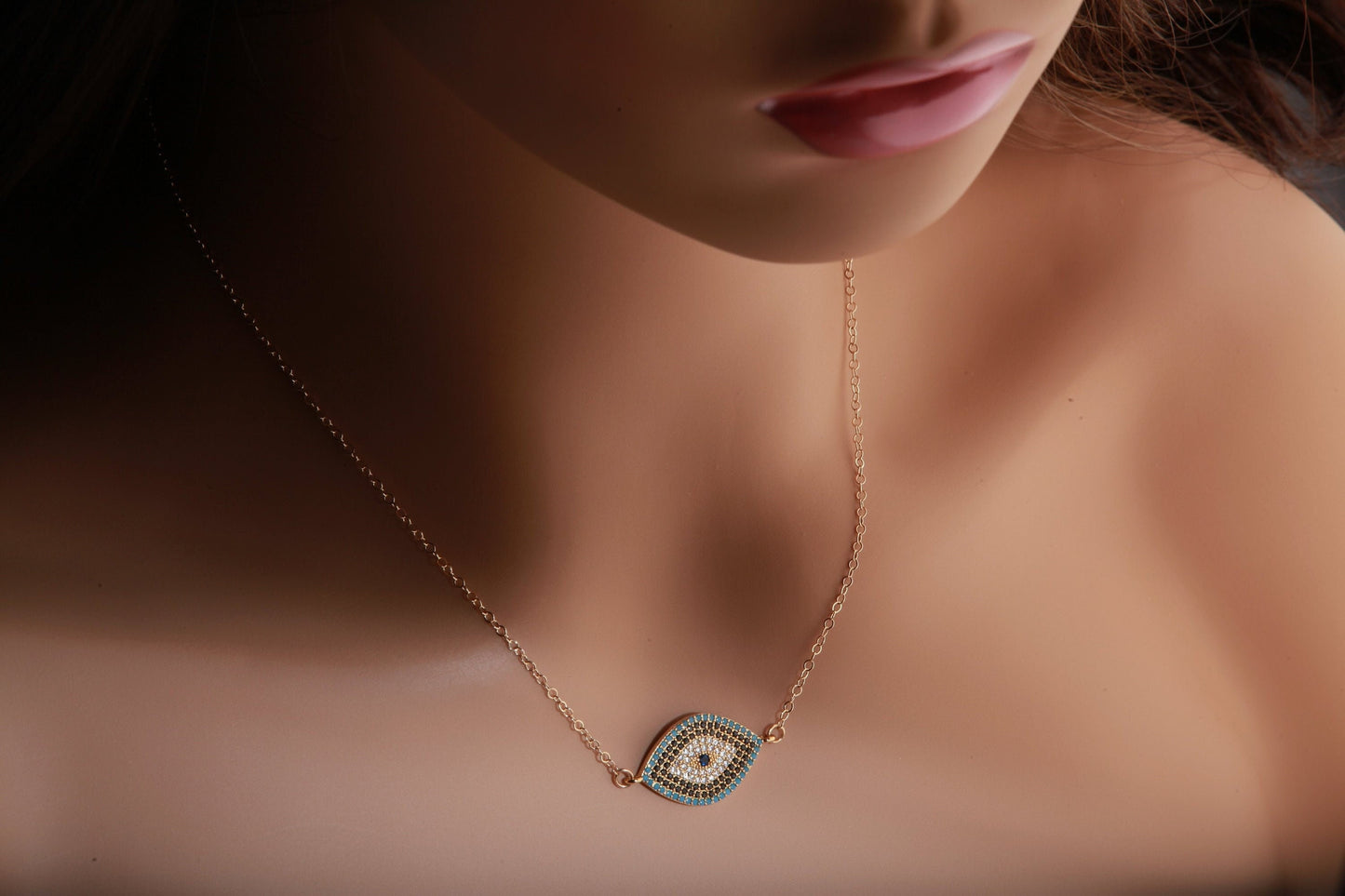 Cubic Zirconia Micro Pave Diamond Style Evil Eye Pendant with 14K Gold Filled Necklace, 3 Choice of Colors in 16",18",20", 22" and 24"