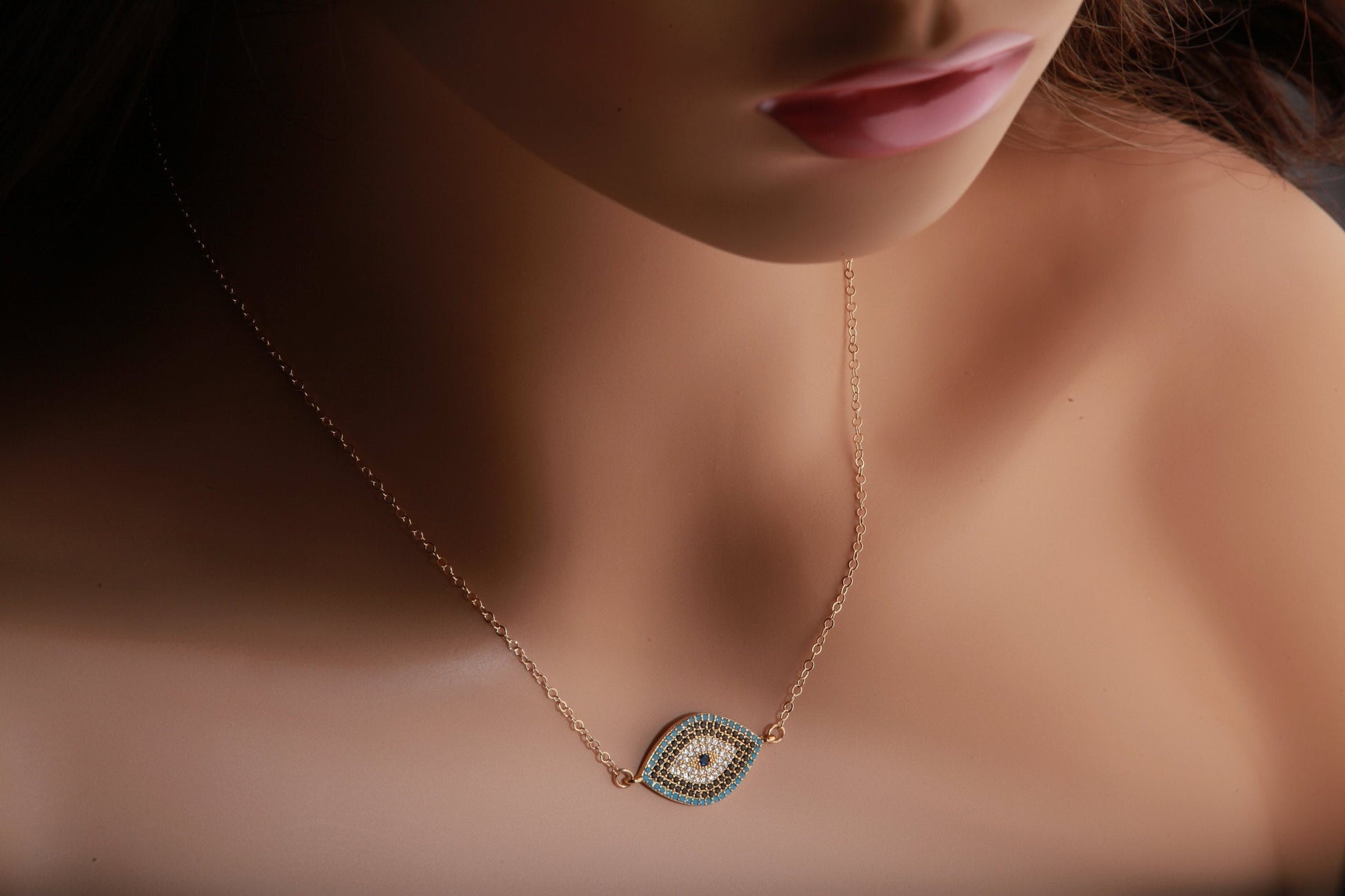 Cubic Zirconia Micro Pave Diamond Style Evil Eye Pendant with 14K Gold Filled Necklace, 3 Choice of Colors in 16",18",20", 22" and 24"