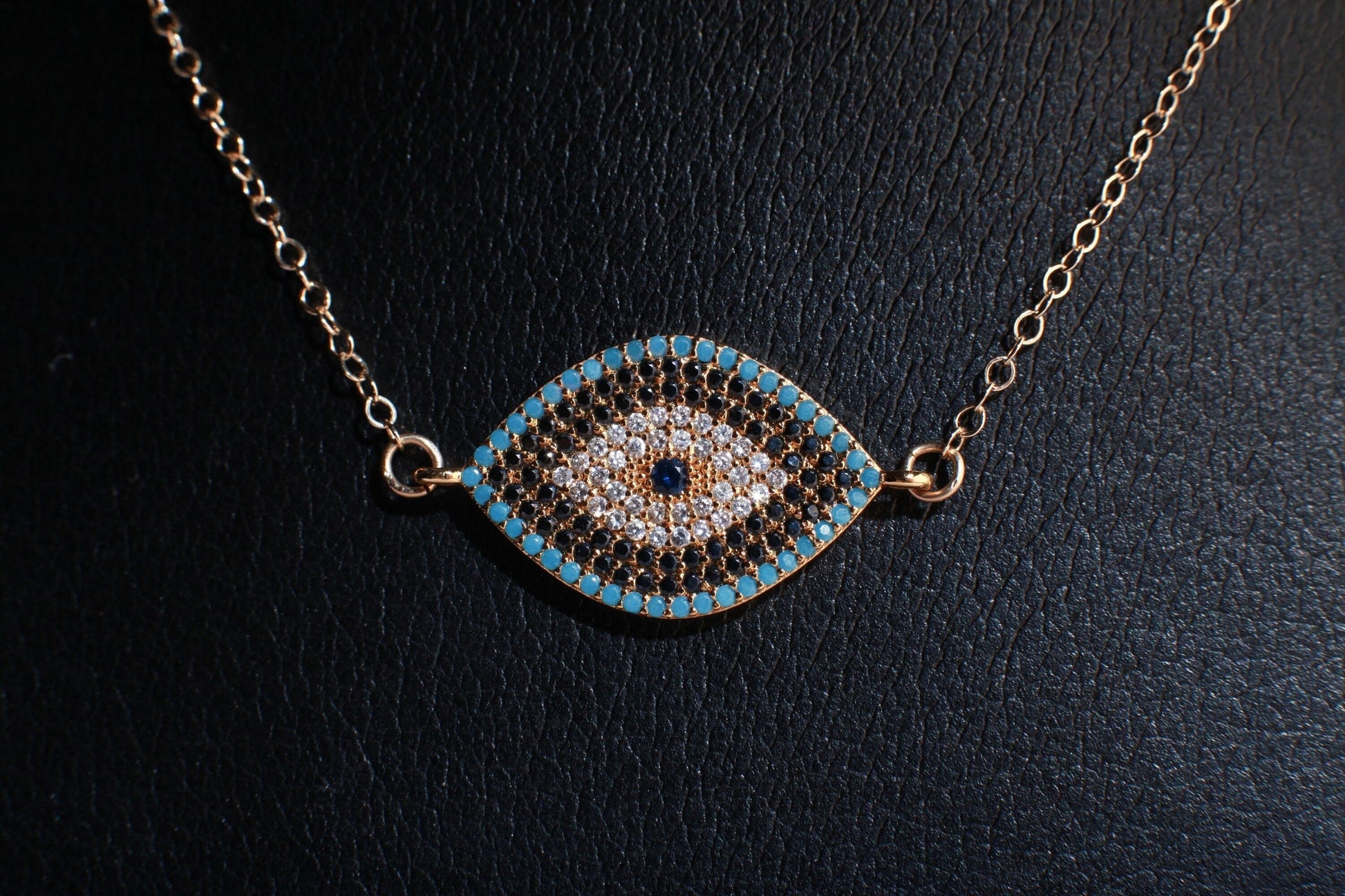 Cubic Zirconia Micro Pave Diamond Style Evil Eye Pendant with 14K Gold Filled Necklace, 3 Choice of Colors in 16&quot;,18&quot;,20&quot;, 22&quot; and 24&quot;