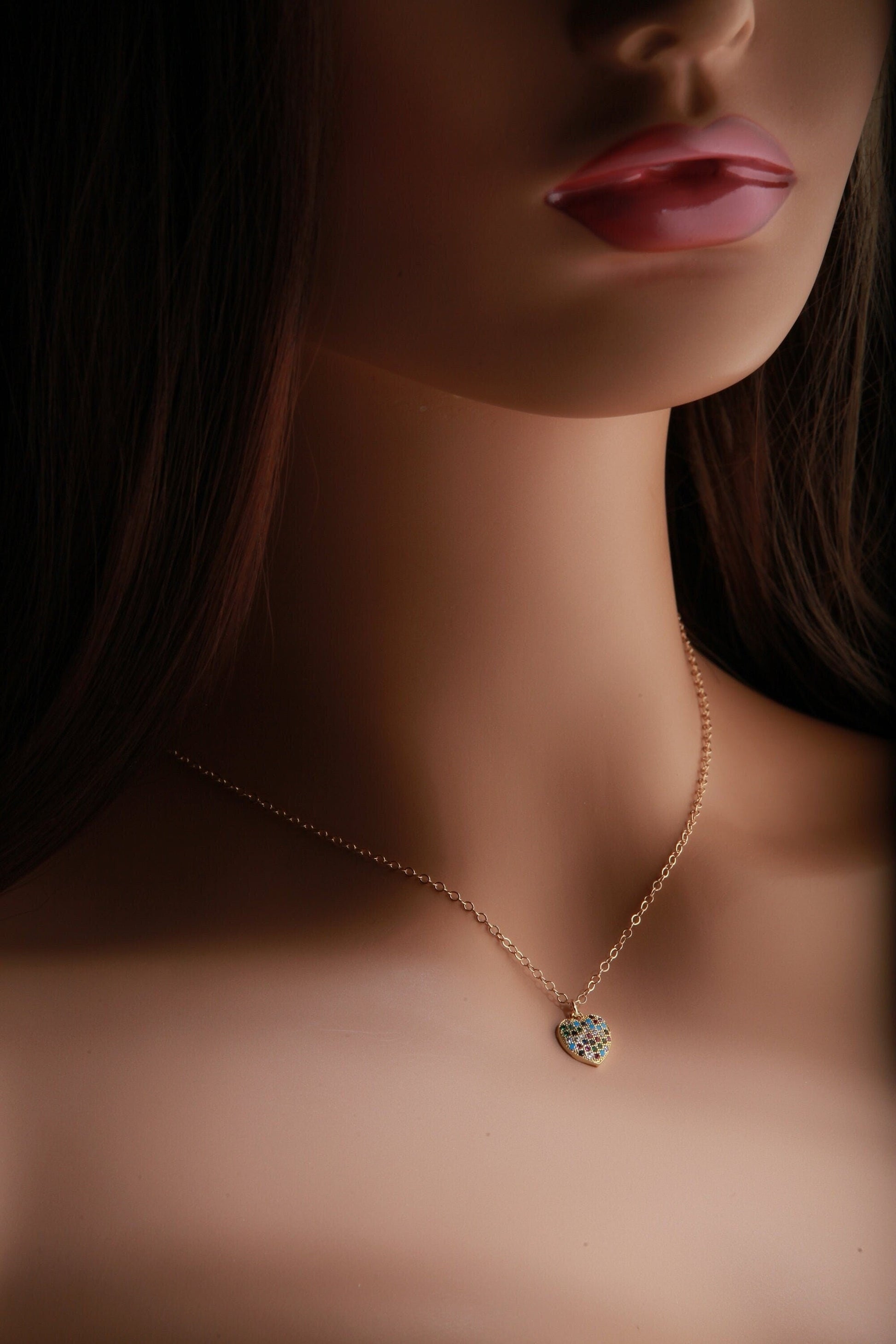 Cubic Zirconia Micro Pave Diamond Style Pendant with 14K Gold Filled Layering Necklace in 16",18",20", 22",24", Choice of Heart or Evil Eye
