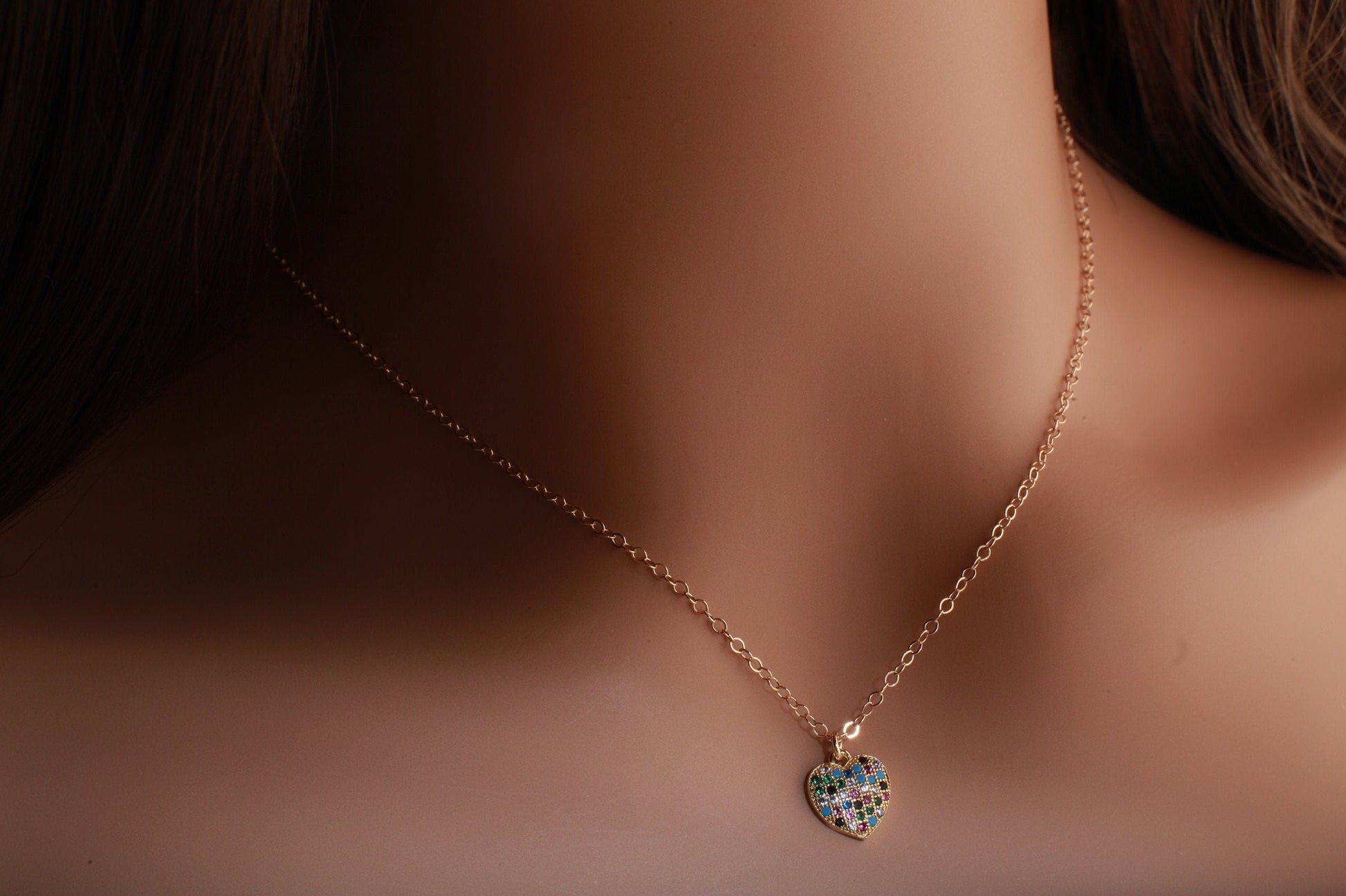 Cubic Zirconia Micro Pave Diamond Style Pendant with 14K Gold Filled Layering Necklace in 16&quot;,18&quot;,20&quot;, 22&quot;,24&quot;, Choice of Heart or Evil Eye