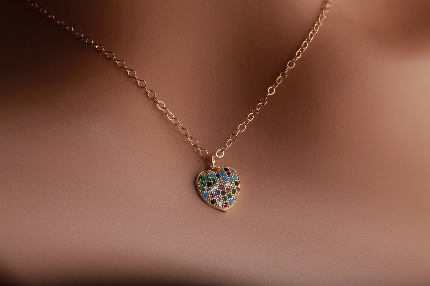 Cubic Zirconia Micro Pave Diamond Style Pendant with 14K Gold Filled Layering Necklace in 16",18",20", 22",24", Choice of Heart or Evil Eye