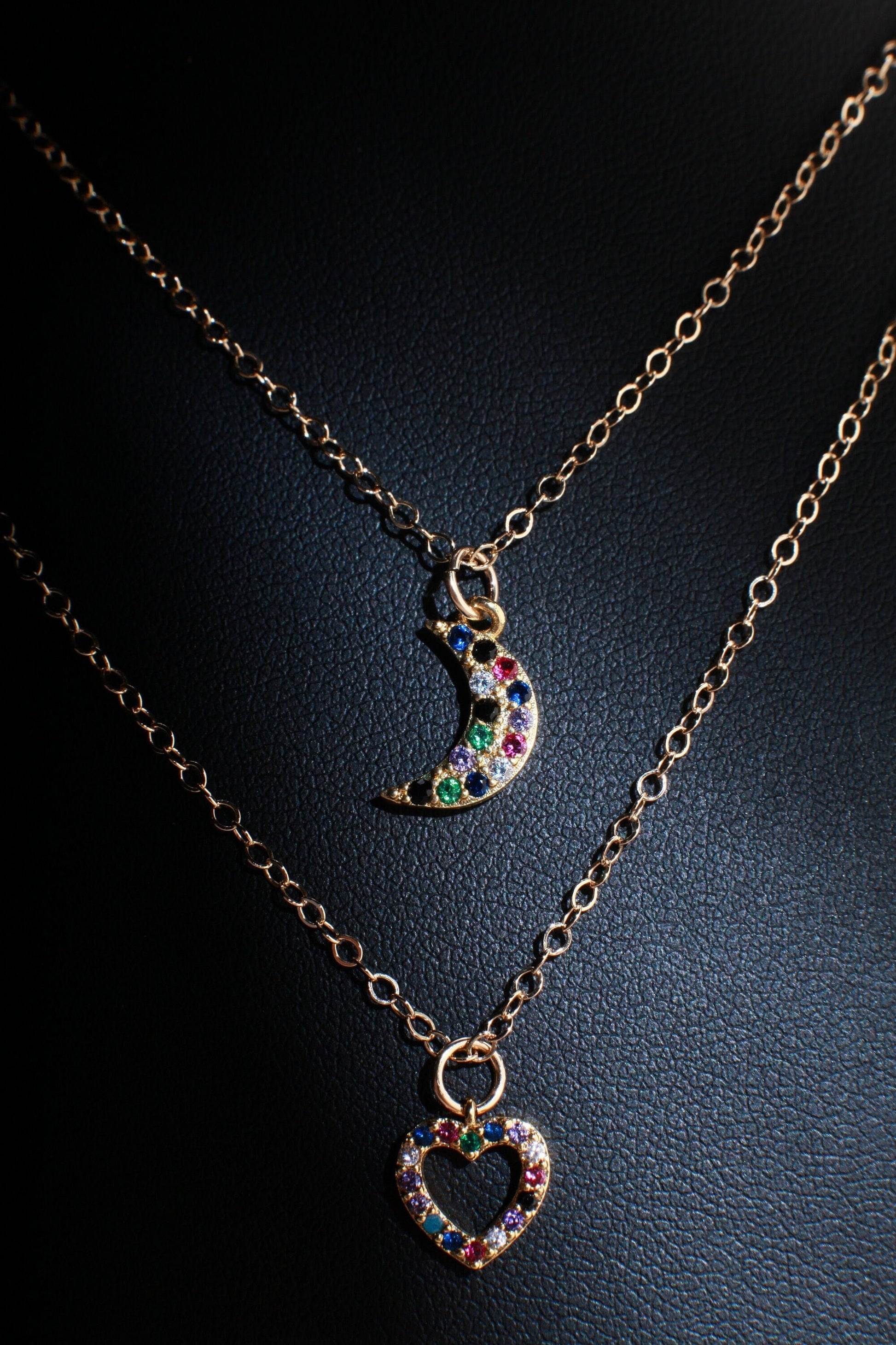Cubic Zirconia Micro Pave Diamond Style Pendant with 14K Gold Filled Layering Necklace in 16&quot;,18&quot;,20&quot; and 24&quot; Choice of Heart or Moon