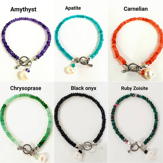 4mm Gemstone Bracelet/Anklet Bali Toggle Clasp, Freshwater Pearl Amethyst, Carnelian, Ruby Zoisite, Black onyx, Apatite, Chrysoprase