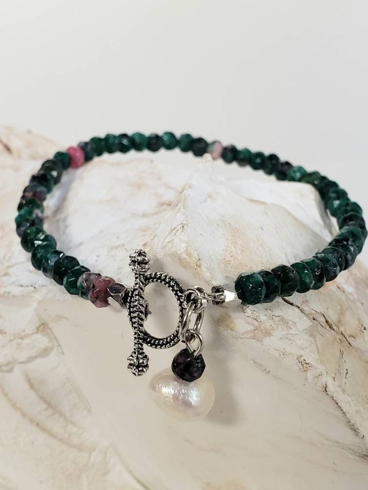 4mm Gemstone Bracelet/Anklet Bali Toggle Clasp, Freshwater Pearl Amethyst, Carnelian, Ruby Zoisite, Black onyx, Apatite, Chrysoprase