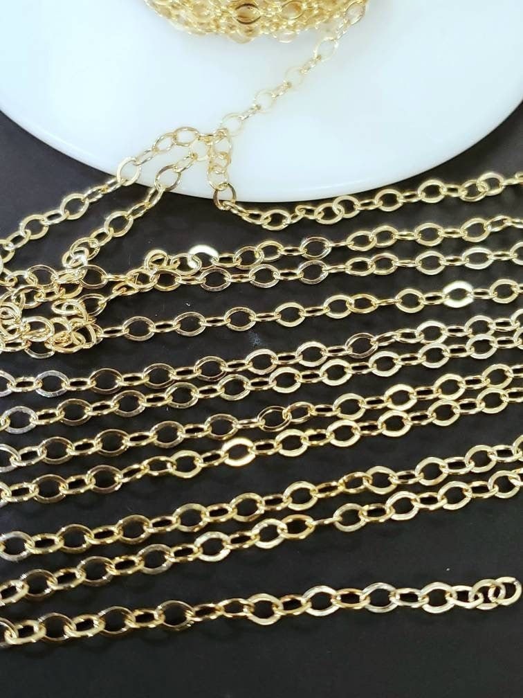 14K Gold filled chain 2.3mm small flat cable chain. Made in Italy, 14/20 Gold filled, high quality for Jewelry making, by the foot.