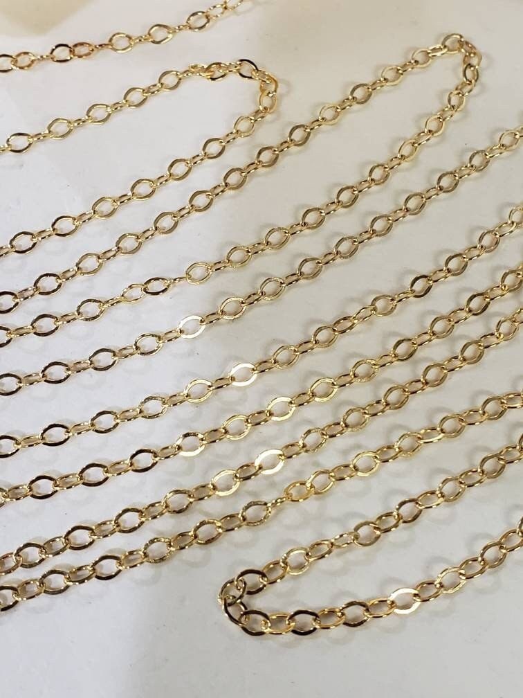 14K Gold filled chain 2.3mm small flat cable chain. Made in Italy, 14/20 Gold filled, high quality for Jewelry making, by the foot.