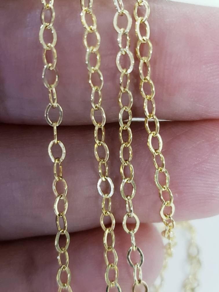 14K Gold filled chain 2.3mm small flat cable chain. Made in Italy, 14/20 Gold filled, high quality for Jewelry making, by the foot.