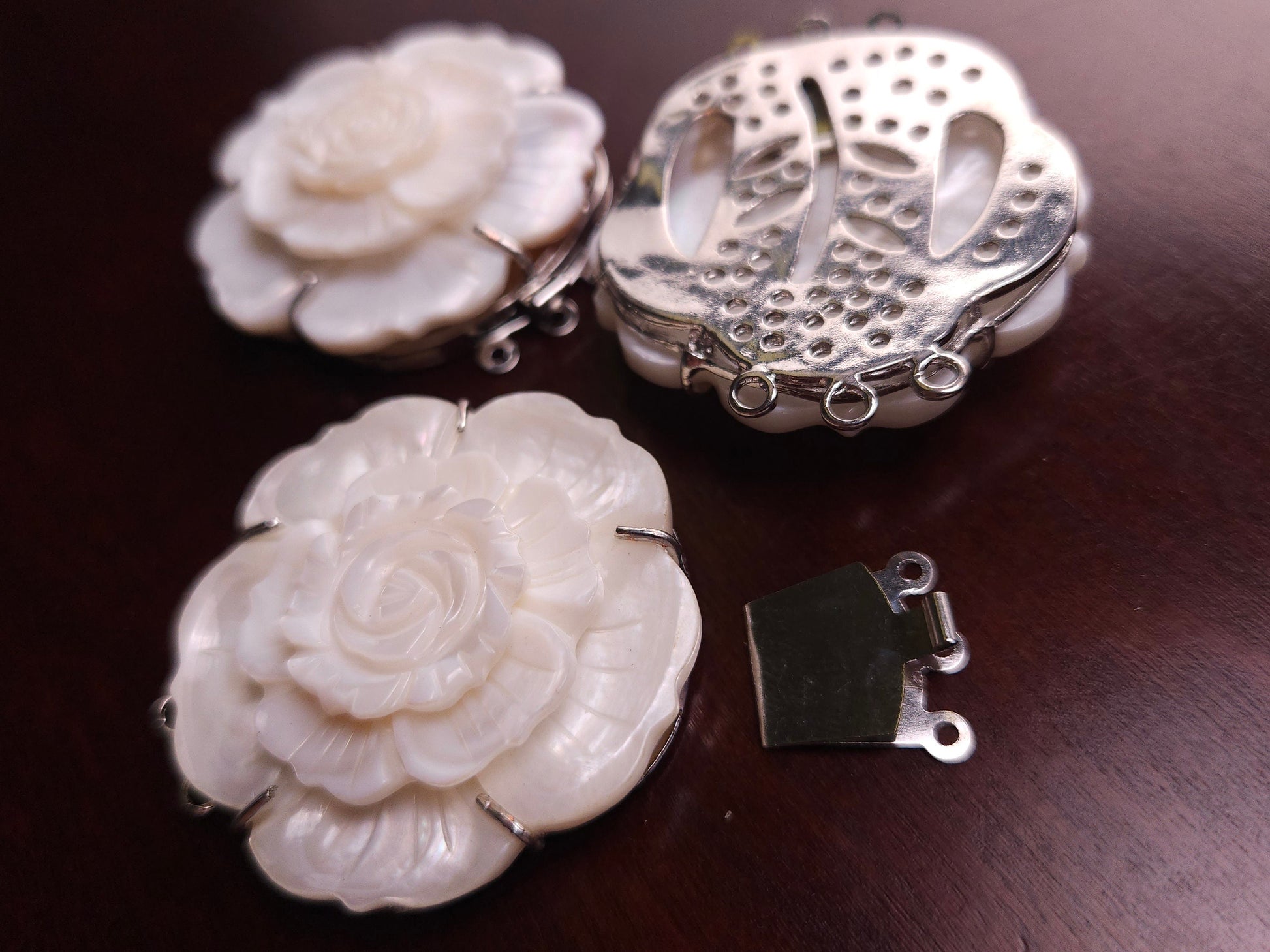 Hand Carved Mother of Pearl Clasp, White MOP 3 Loop Fancy Flower 43mm Large Clasp , Jewelry Making Rhodium 3 line vintage Clasp