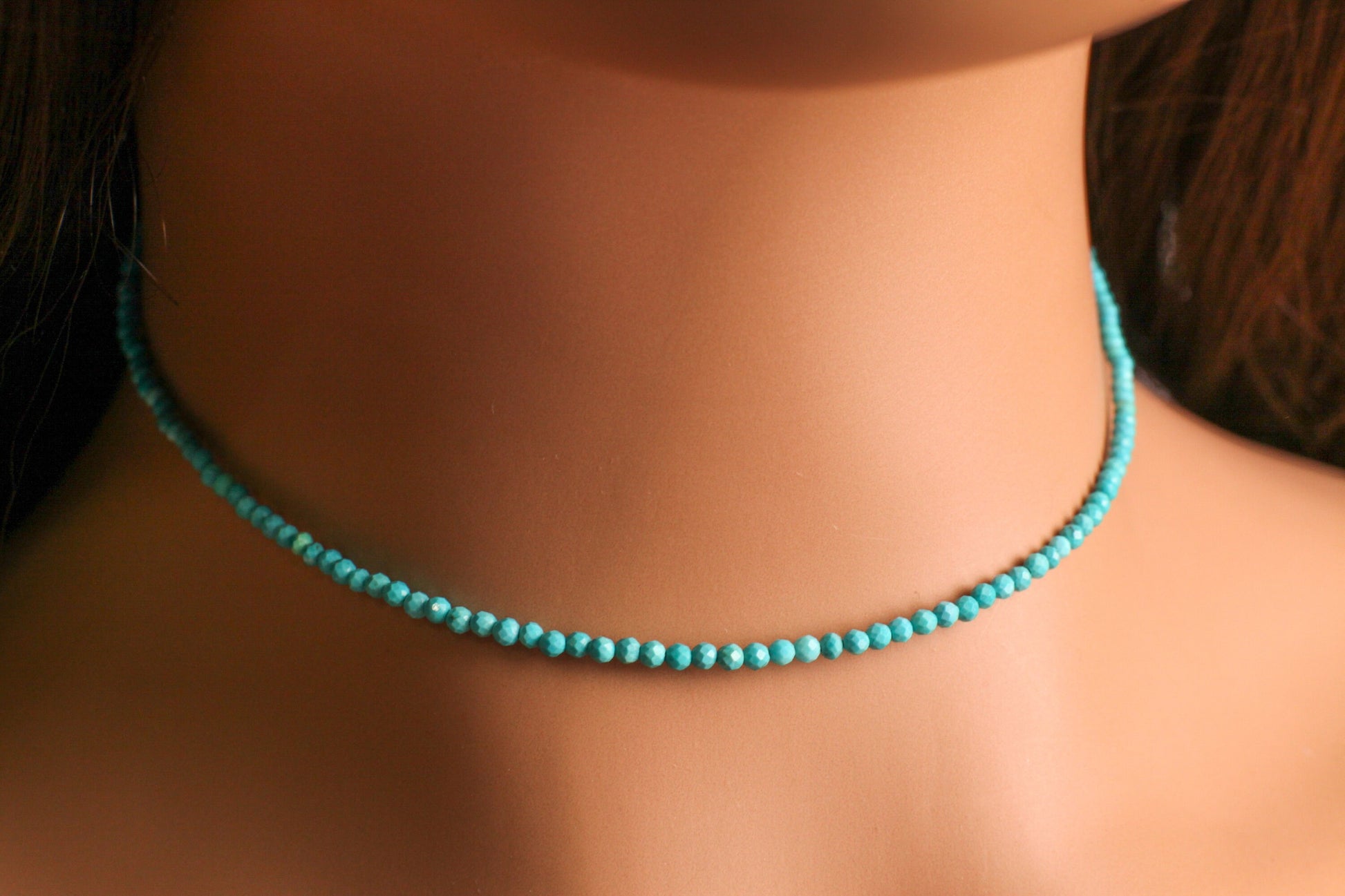 Natural Blue Turquoise Sleeping Beauty 2mm Faceted Round Silver Clasp Dainty Choker Layering Elegant Necklace, December Birthstone