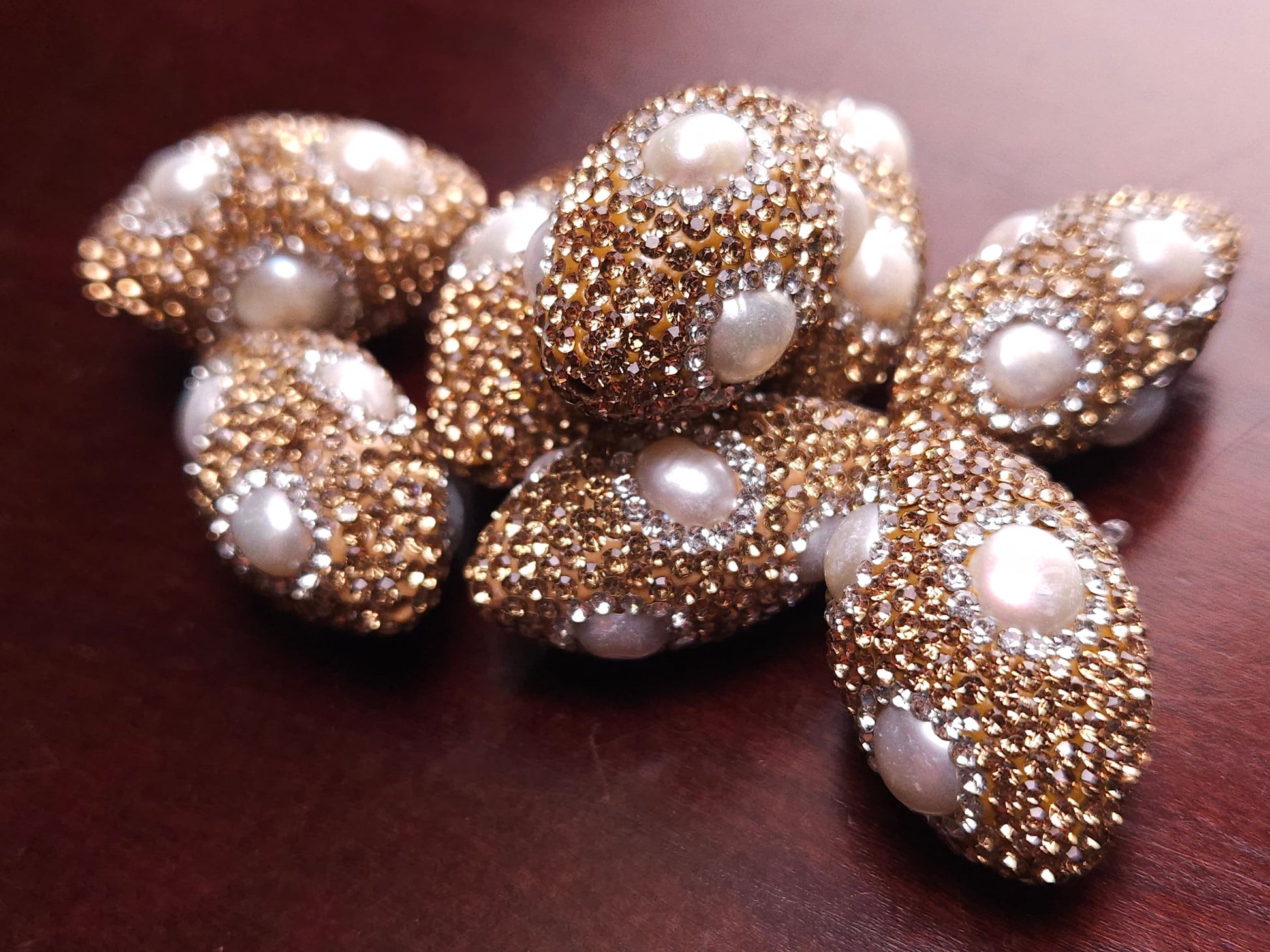 Freshwater Pearl with Gold Crystal Pave Rhinestone Handmade Fancy Focal Bead, 18x30mm, 1 pc, Jewelry Making Bling Bead