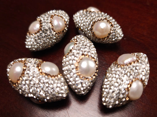 Freshwater Pearl with Silver with Gold Crystal Pave Rhinestone Handmade Fancy Focal Bead, 18x30mm, 1 pc, Jewelry Making Bling Bead