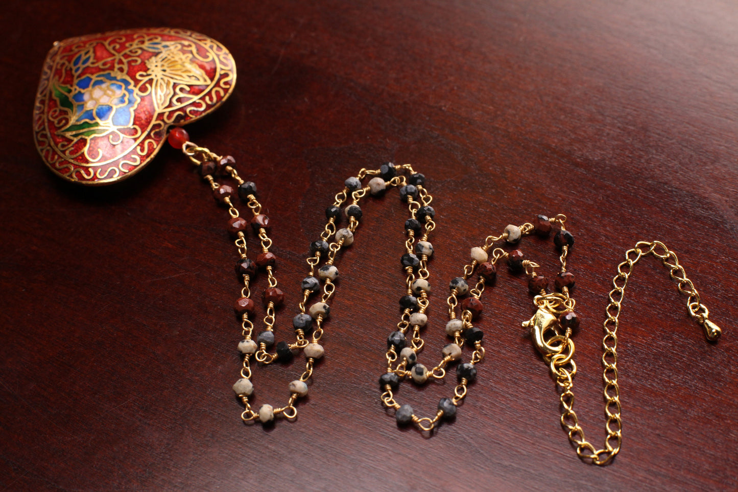 Cloisonné Pendant Vintage Heart Revisable Floral K2 Jasper, Mahogany Obsidian, Snow Flake Obsidian beaded chain 20+ 3” extension necklace