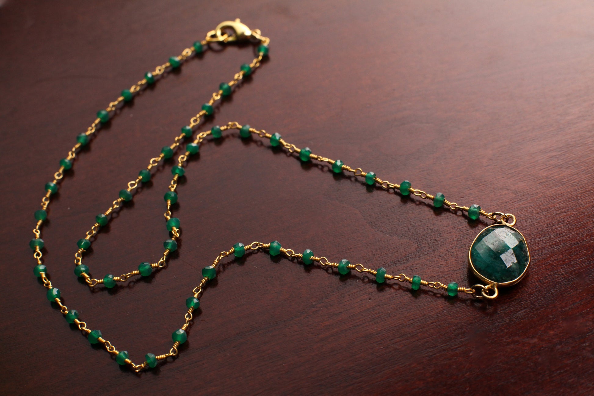 Genuine Emerald Gold Bezel Pendant with Matching Emerald Beaded chain Gold vermeil Necklace.