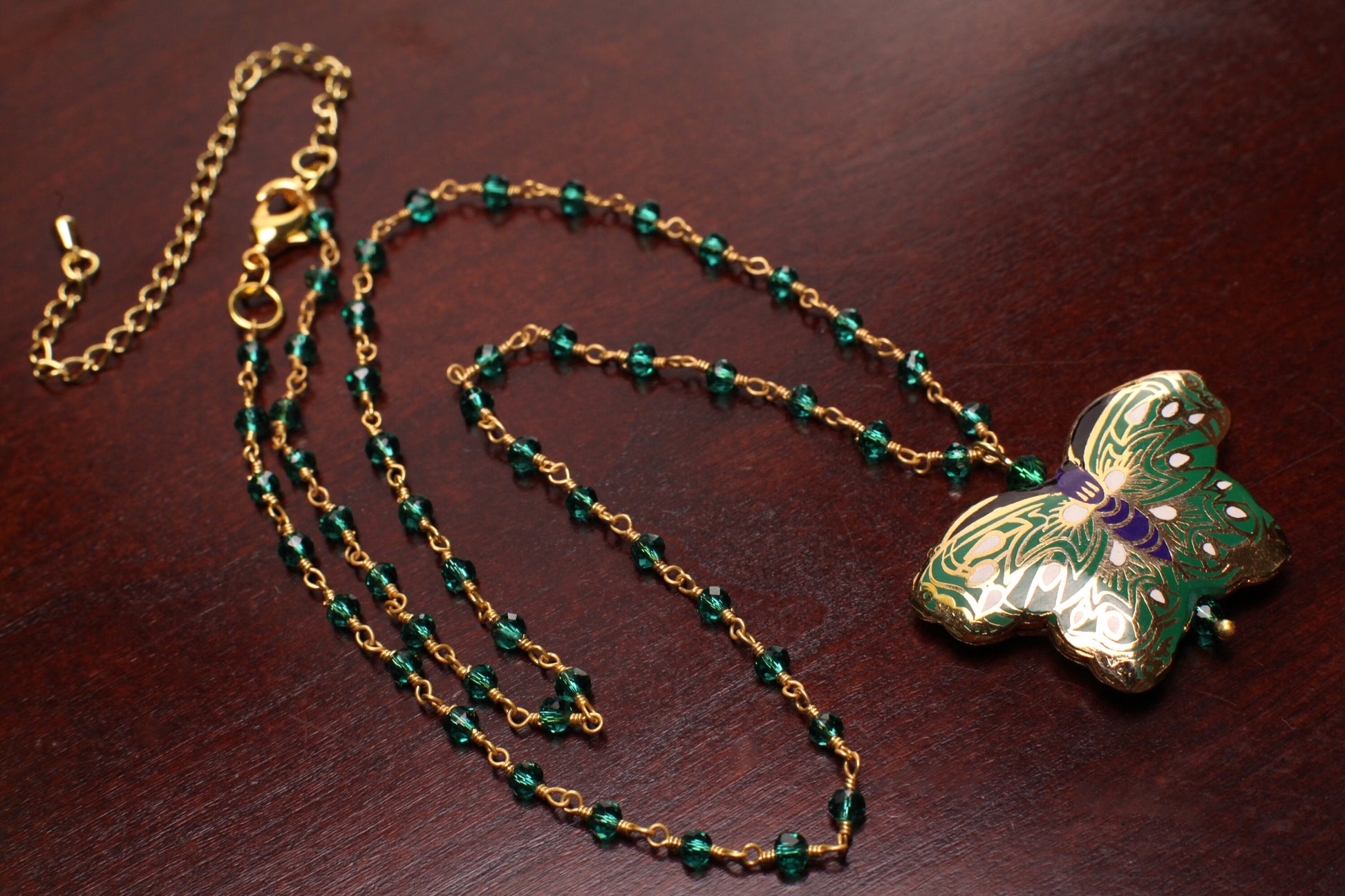 Traditional Cloisonné Double Sided Vintage Butterfly pendant with matching Green Onyx Necklace 18”plus 3"Extension. Beautiful Butterfly gift