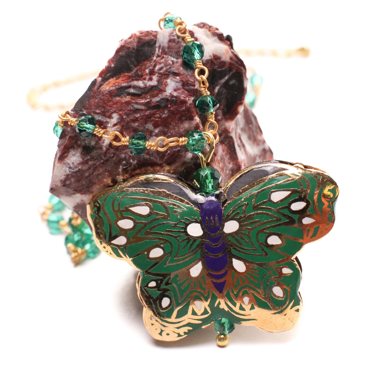 Traditional Cloisonné Double Sided Vintage Butterfly pendant with matching Green Onyx Necklace 18”plus 3"Extension. Beautiful Butterfly gift