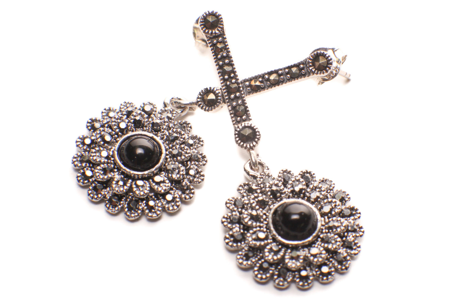 925 Sterling Silver Black Onyx 17mm Fancy Marcasite dangling stud earrings. 925 stamped, Antique vintage gift for her