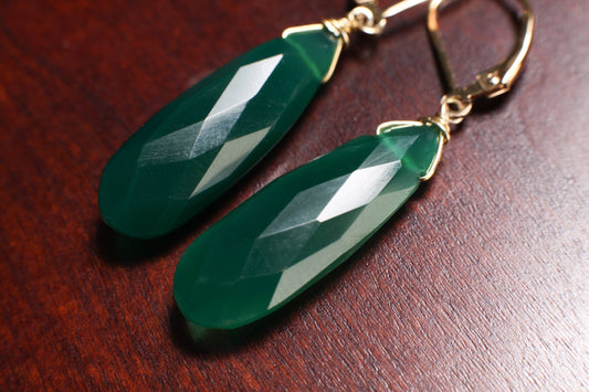 Genuine Green Onyx 9.5x25mm Wire Wrapped Briolette Teardrop in 14K Gold Filled lever back Earring, Precious Gift for her