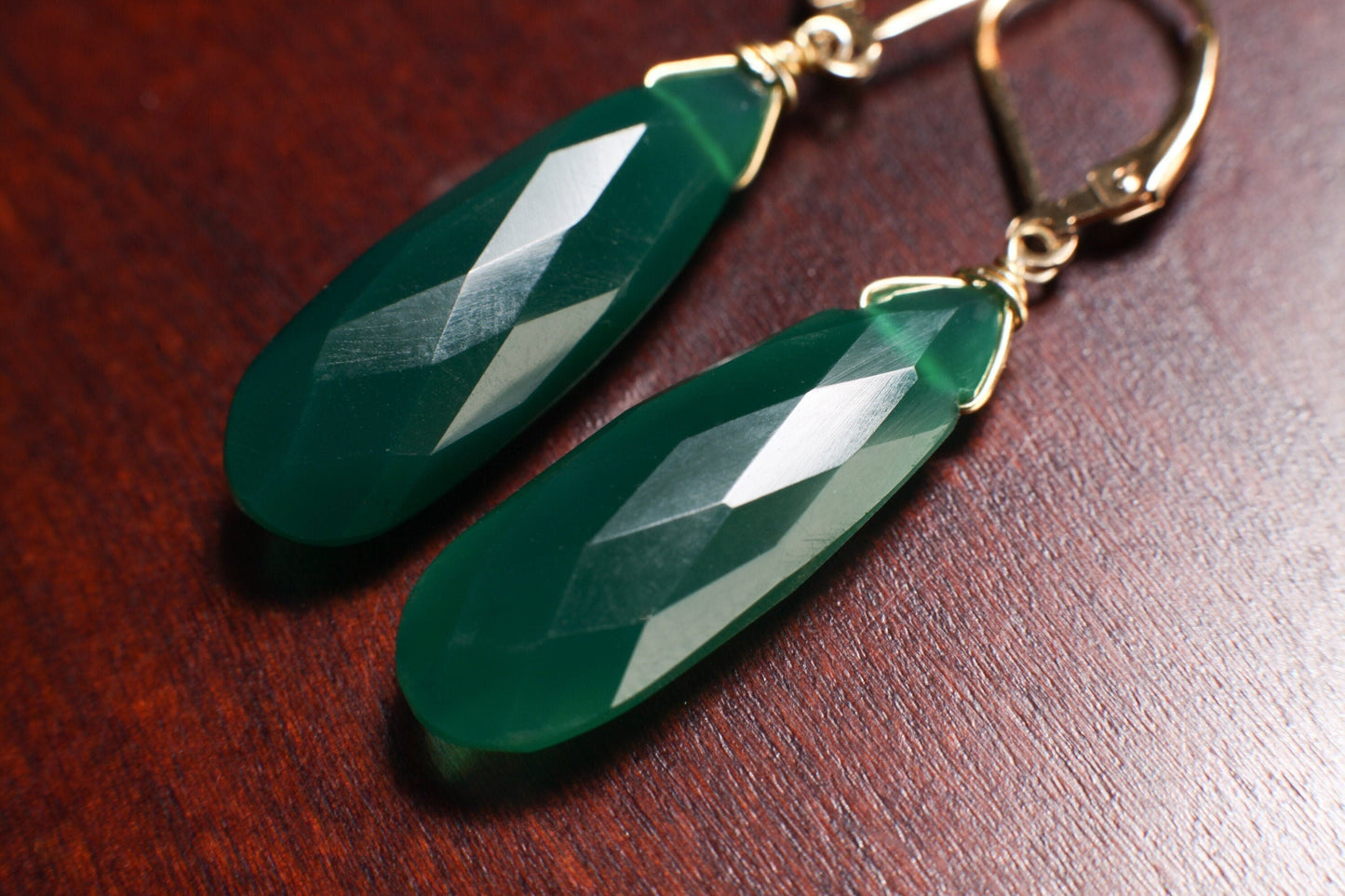 Genuine Green Onyx 9.5x25mm Wire Wrapped Briolette Teardrop in 14K Gold Filled lever back Earring, Precious Gift for her